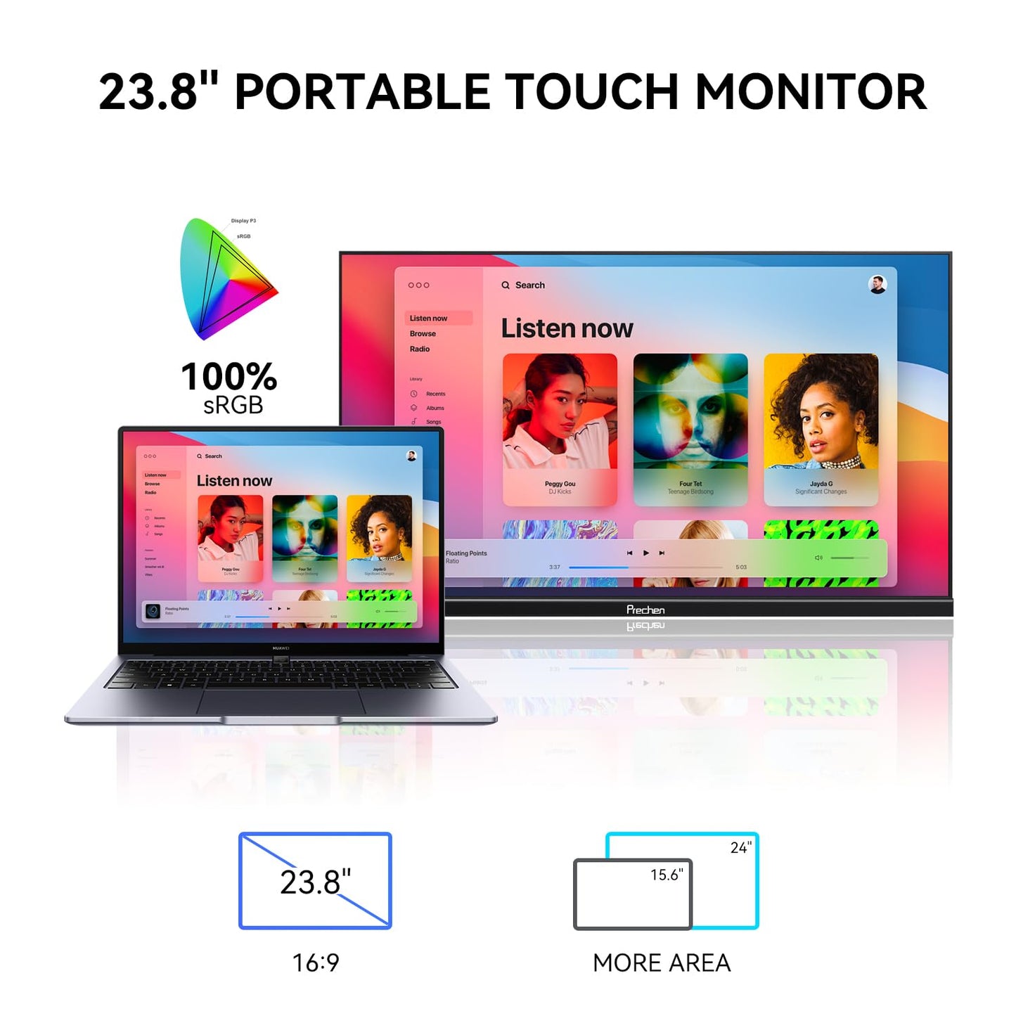 23.8" Portable Touchscreen Monitor 100% sRGB VA FHD 1080P, 4000:1 Contrast, VESA, Built-in Speaker, w/90°Adjustable Stand USB-C HDMI 75Hz External Second Touch Screen Display for Laptop/PC/Phone