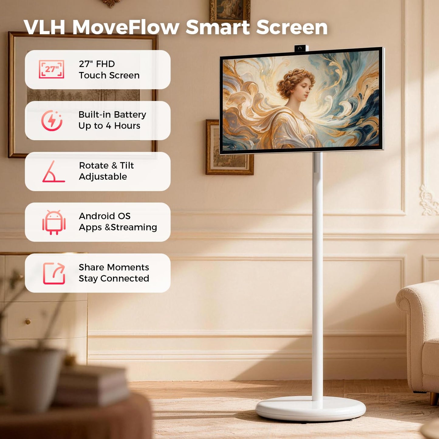 27" Portable Smart Touchscreen Tablet TV on Wheels, Android 15 OS Mobile Smart Display with Google EDLA Certification, 6GB+128GB, Built-in Battery, 4K Camera, Wireless Casting, Rotating Rolling Stand