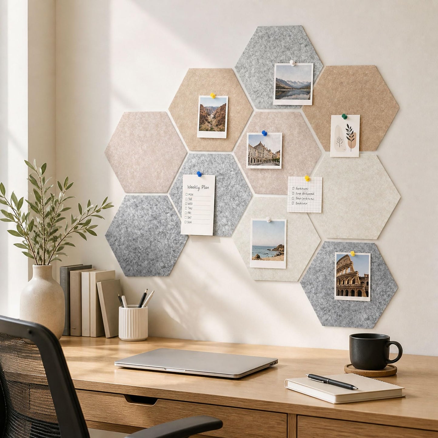 10 Pack 12'' Hexagon Cork Boards for Office Wall: Large Felt Bulletin Decor Display for Classroom, Decorative Panels with 30 Push Pins for Photos & DIY