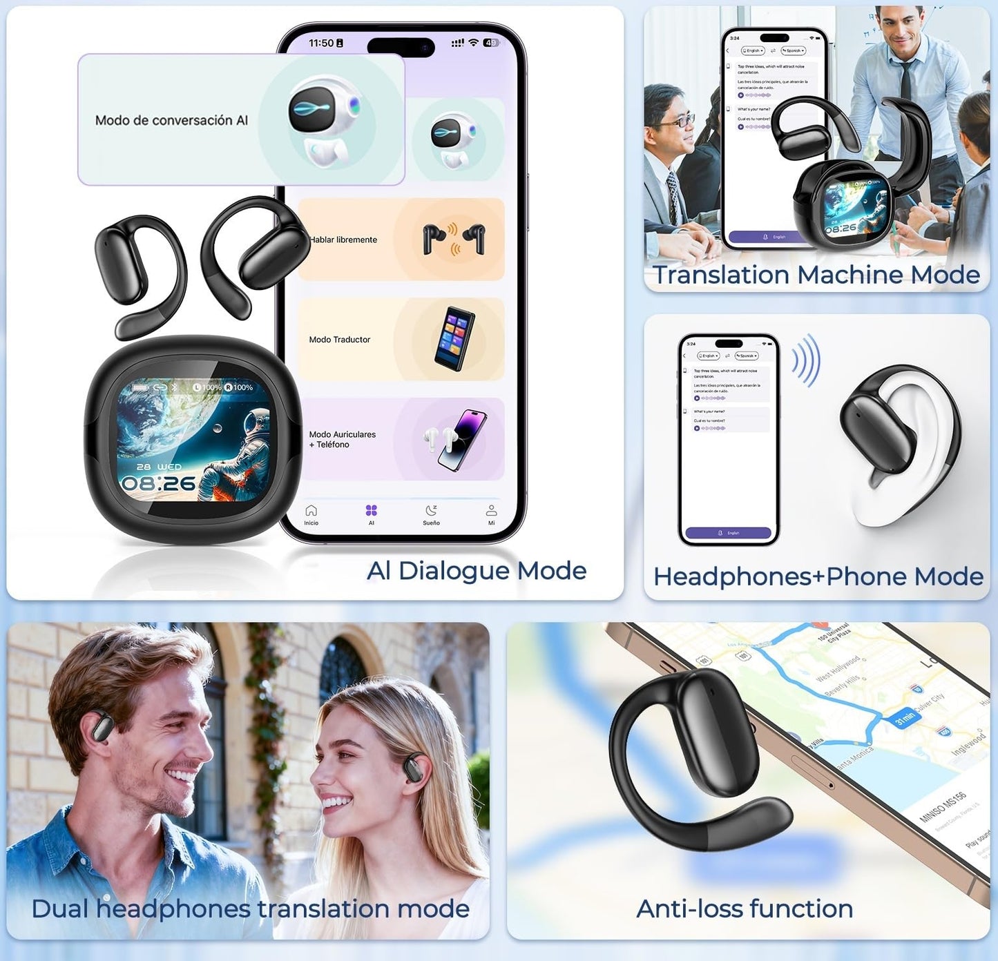 NE58 AI Translation Earbuds Real Time, 134 Language Translator Wireless Bluetooth 6.0 Open Ear Earbuds, LED Touch Screen, Noise Cancelling Translate Ear Buds for Travel & Business Meetings (White)