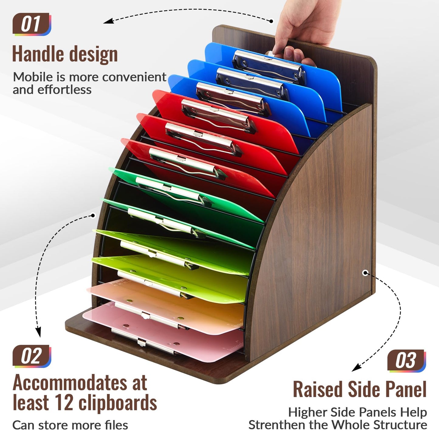 Wonderjune Wooden Clipboard Holder Storage Metal Rack with Raised Side Panel Clipboard Organization for Classroom Office School Teacher, Clip Boards Not Included (Walnut)