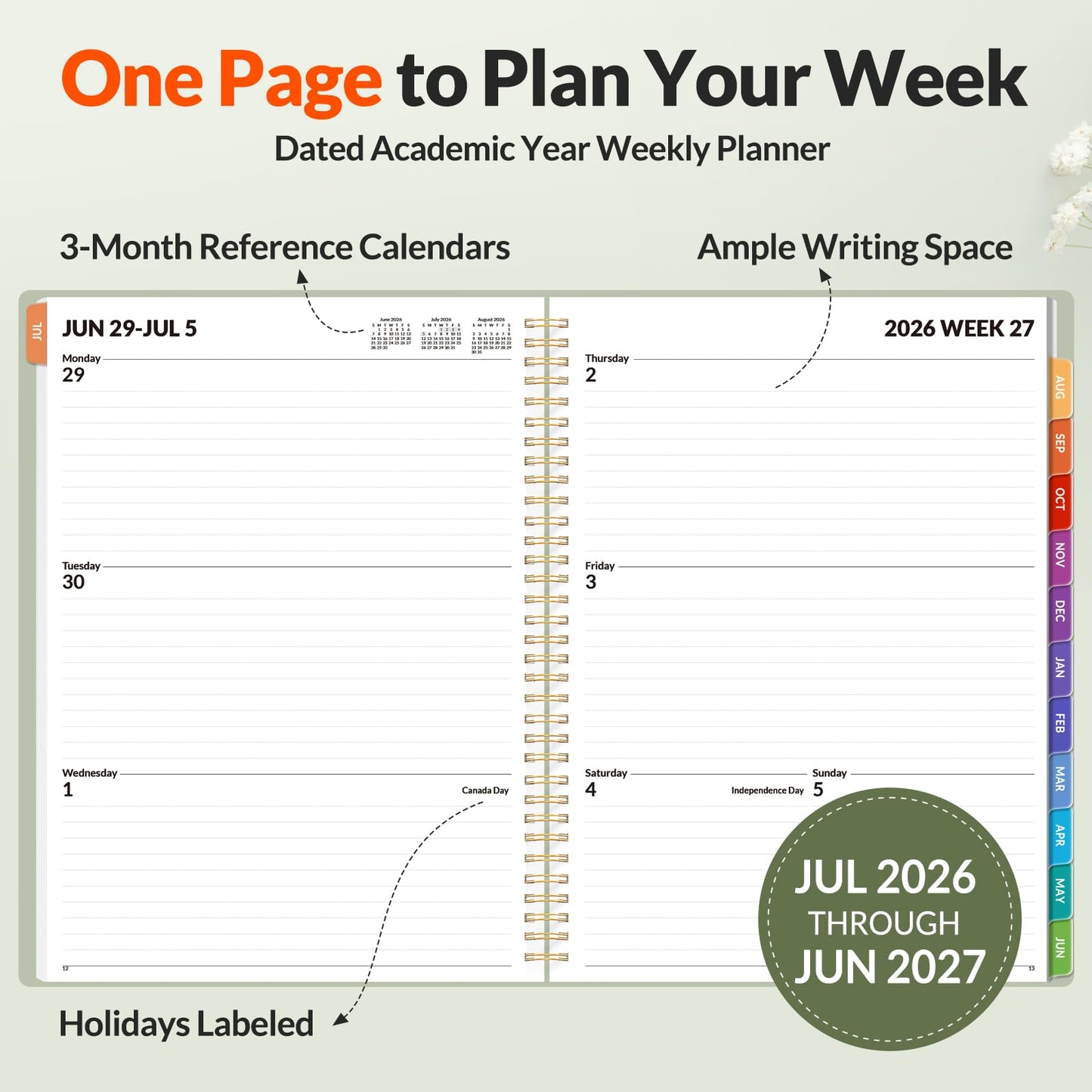 SUNEE Academic Planner 2026-2027 – Weekly & Monthly Planner, July 2026 to June 2027, 8.5"x11", Thick Paper, Tabs, Pockets, Bookmark, Spiral-Bound, Student Teacher Organizer, Sage Green