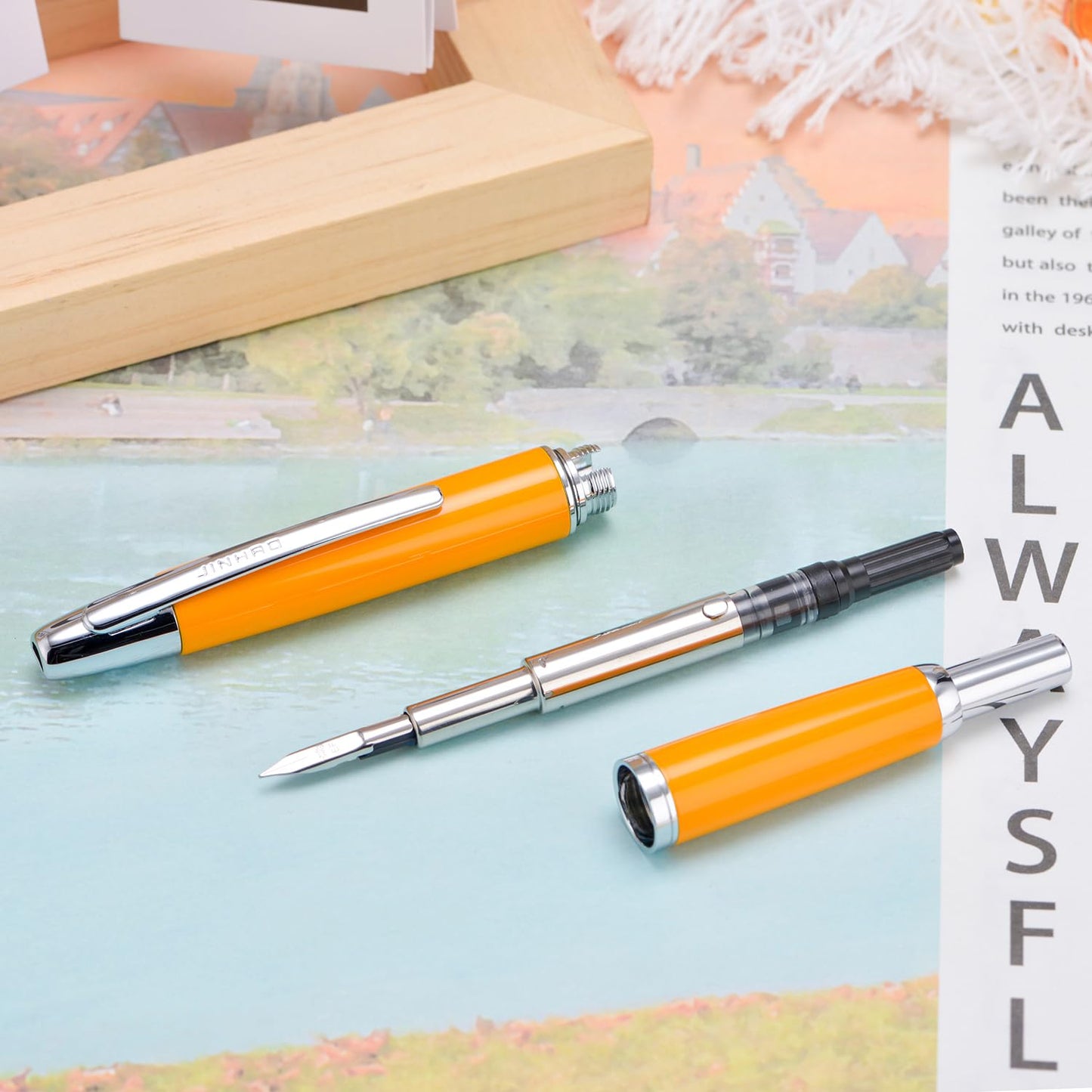 Jinhao 10 Press Fountain Pen with Box, Orange Retractable Extra Fine Nib with Ink Converter Set (Silver Clip)