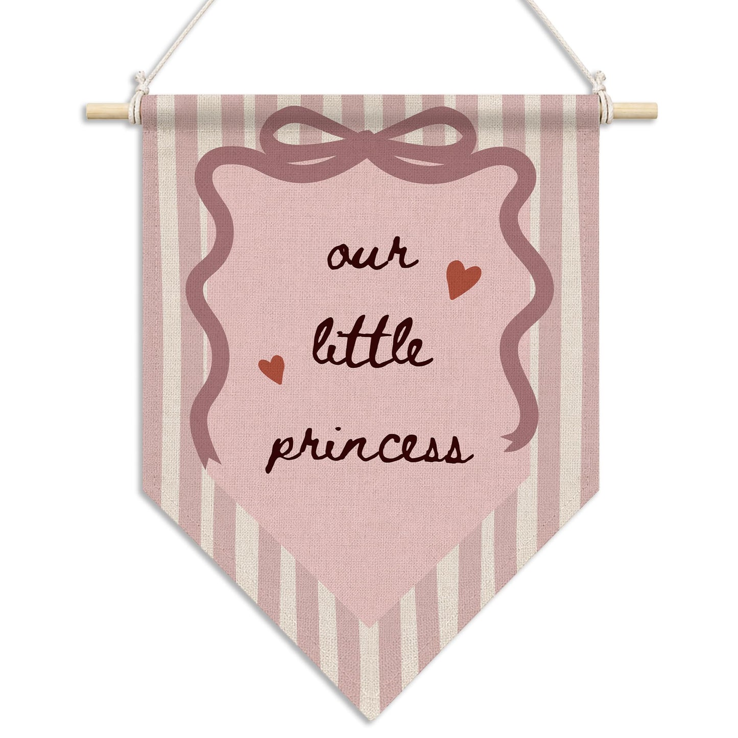RUKUPA Pink Bow Girl Nursery Wall Art Decor, Preppy Girly Hanging Pennant Flag, Our Little Princess Pink Striped Wall Art Poster Hanger for Toddler Girls Room Bedroom Decor, 11x15 Inch