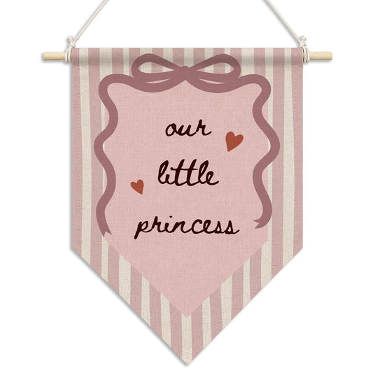 RUKUPA Pink Bow Girl Nursery Wall Art Decor, Preppy Girly Hanging Pennant Flag, Our Little Princess Pink Striped Wall Art Poster Hanger for Toddler Girls Room Bedroom Decor, 11x15 Inch