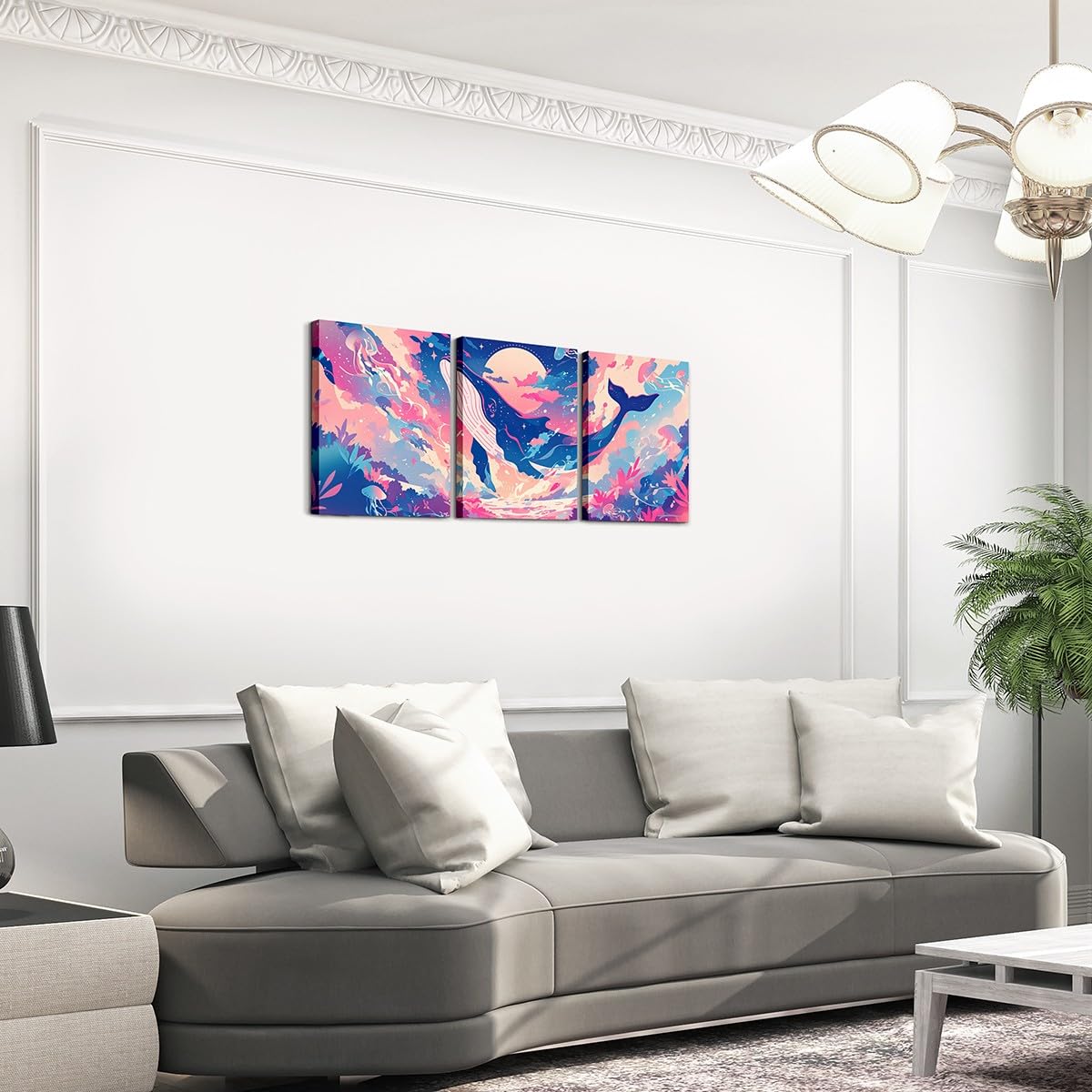 Feelyou Pretty Whale 3 Piece Canvas Wall Art for Living Room Bedroom Jellyfish Wall Art for Home Decor Ocean Animal Office Wall Decor Dreamy Wall Painting