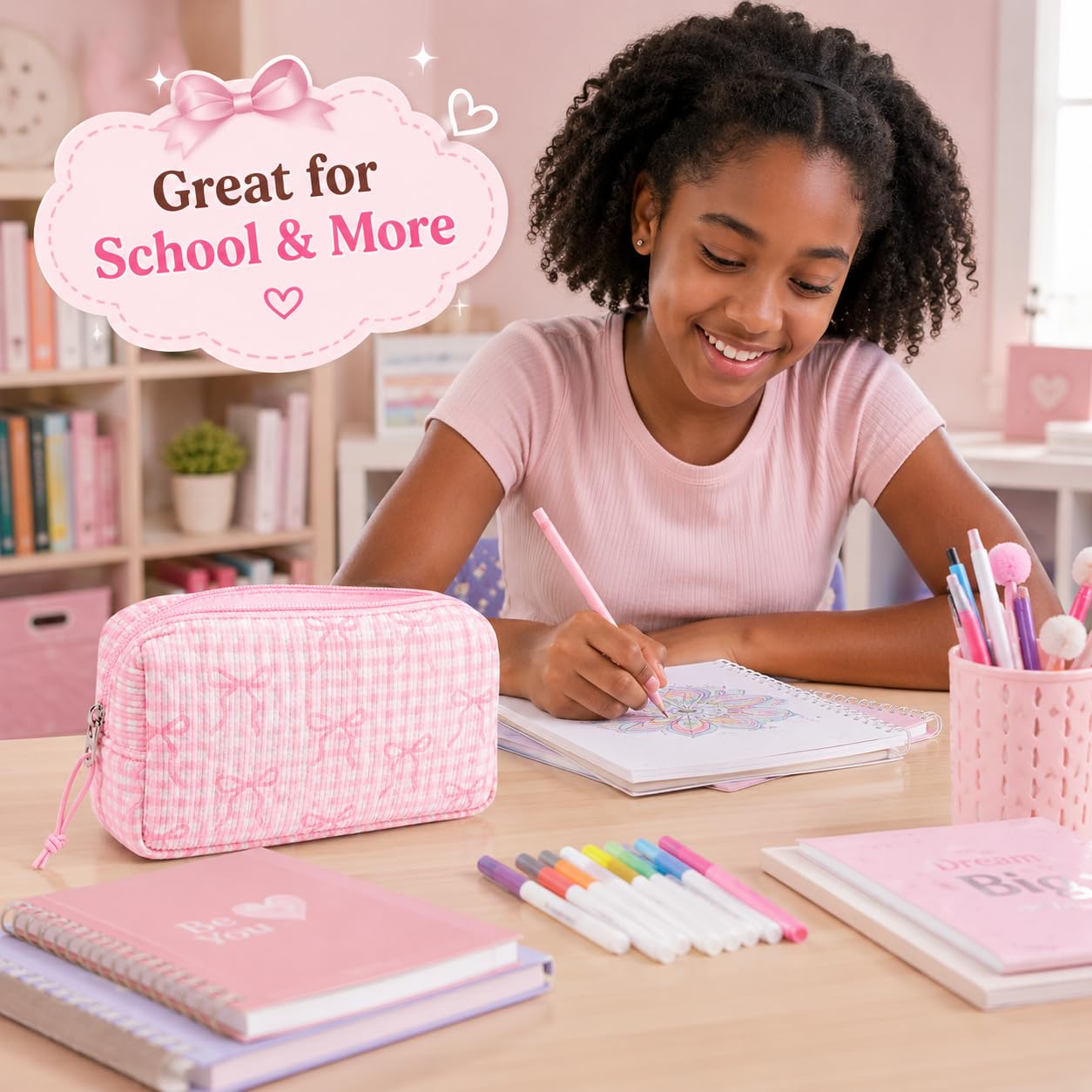 LEDAOU Cute Pencil Case for Kids Girls Boys Pencil Pouch kawaii Pen Pencil Box Bag Holder for School Students (Corduroy Pink Bow Checkered)
