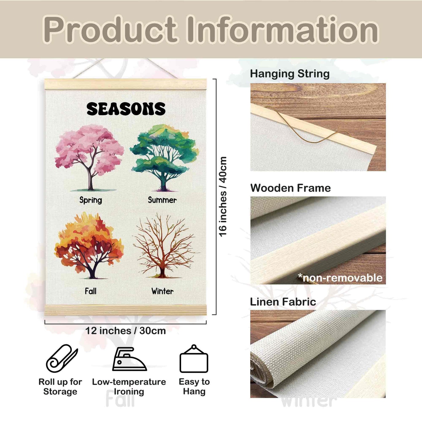 TLESKE Classroom 4 Four Seasons Chart Poster Hanger Frame, Homeschool Hanging Wall Art Decor for Toddlers Kids Room Nursery Playroom, Preschool Prek Learning Educational Poster Print Banner, 12x16