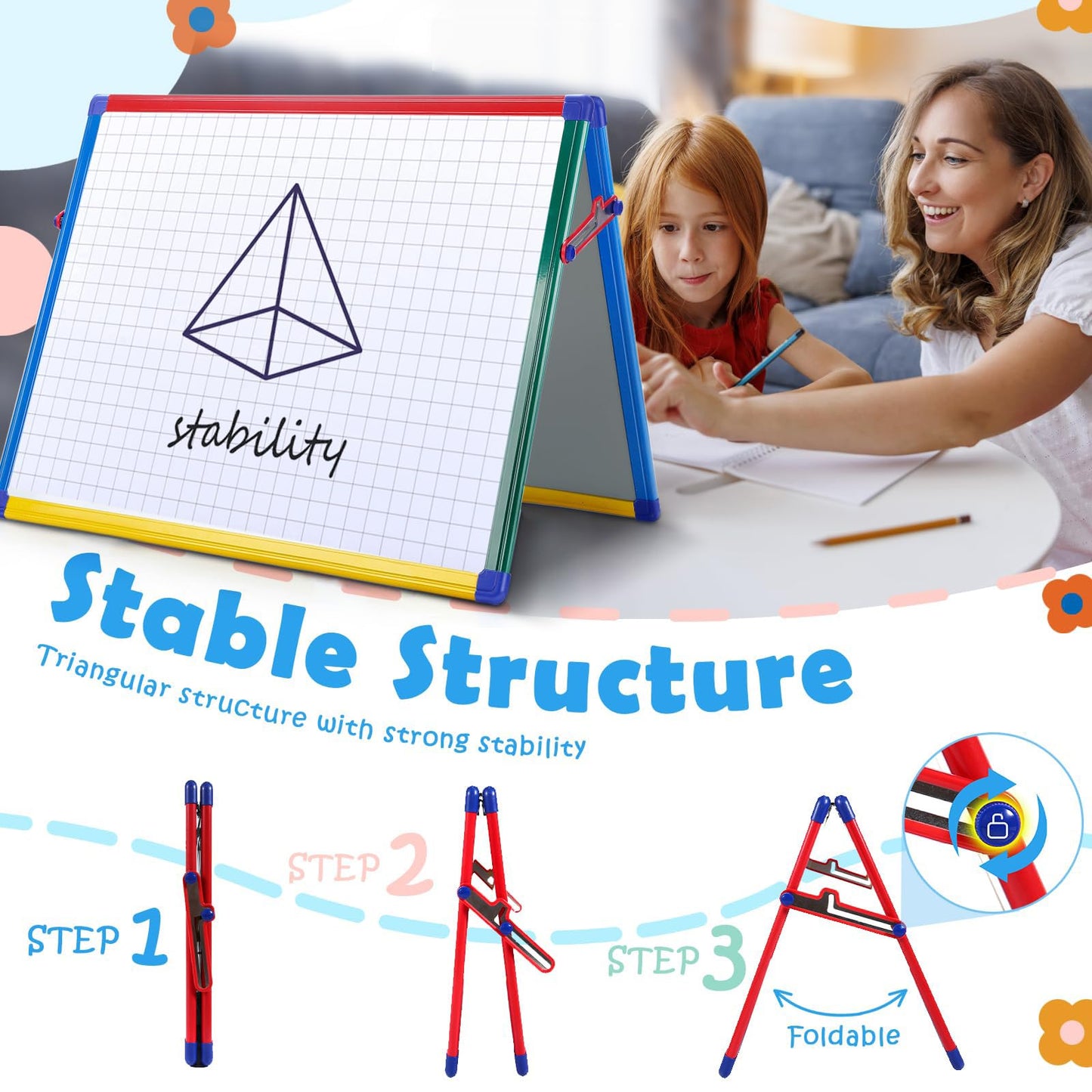 SWANCROWN Magnetic Board for Kids - Tabletop White Board for Children- 24x18 Inch Double Sided Foldable Dry Erase Board Standing with 82Pcs Alphabet Magnets Whiteboard Letters