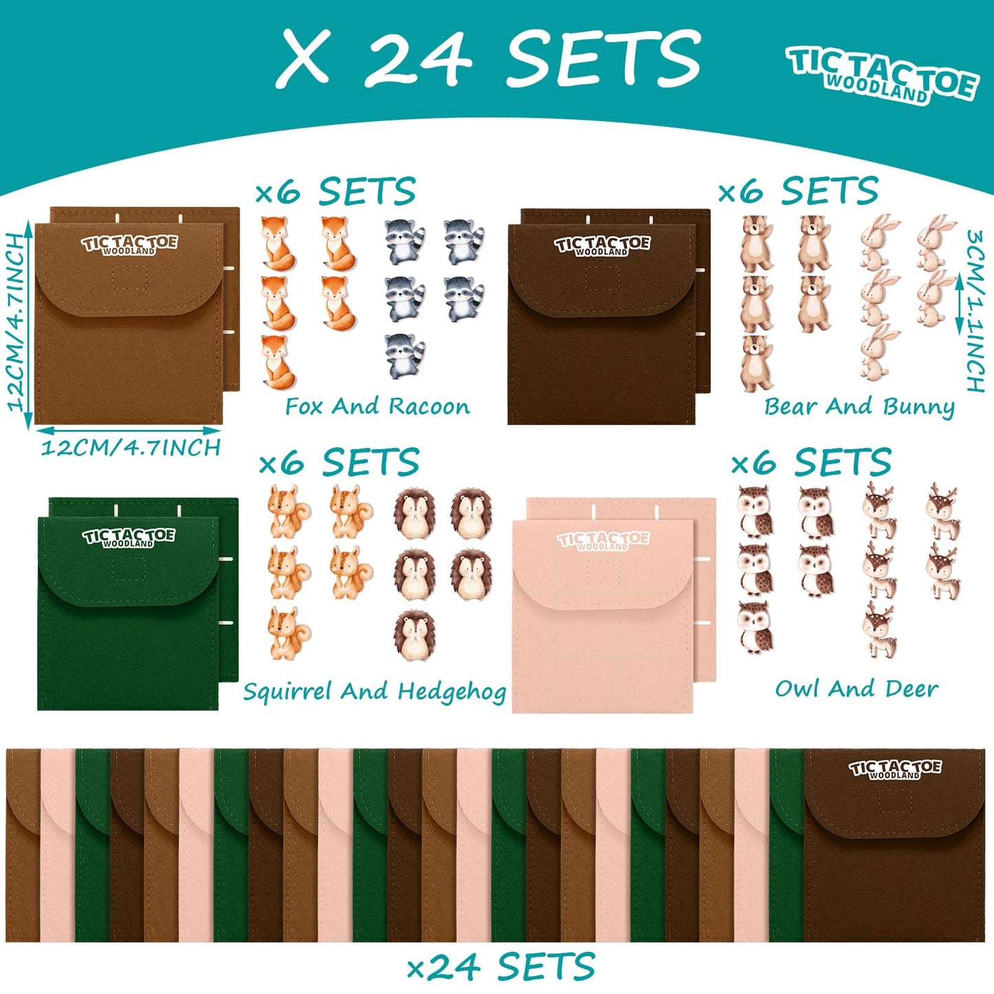JolliLudo 24 Set Tic Tac Toe Game Pack Woodland Animals Jungle Party Favors Felt Safari Goodie Bags Stuffers Baby Educational Toys Board Game with Envelopes for End of Year Students Classroom Prizes