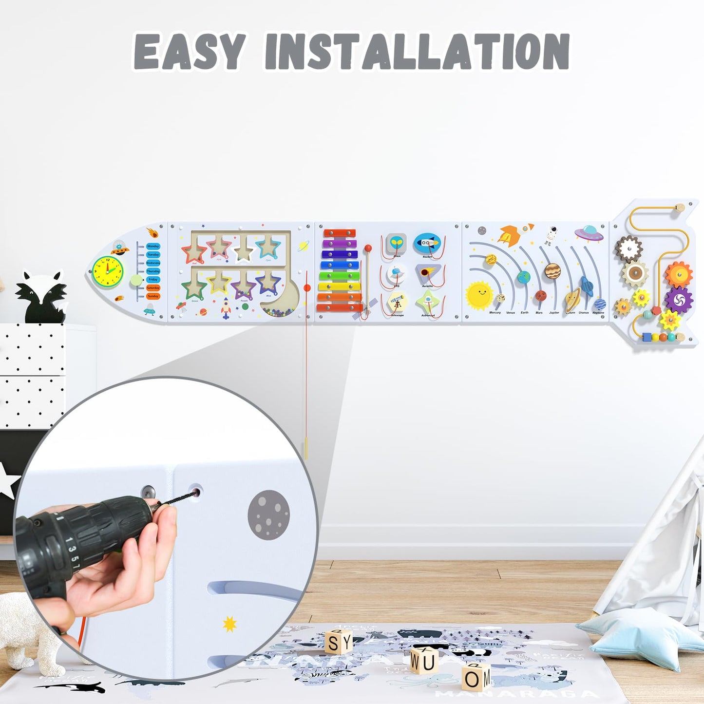 nigwet Rocket Activity Wall Busy Board Panels - Sensory Wall Panel for Kids, Montessori Toddler Wall Activity Board, Wall Toys for Toddlers 3, Activity Cube, Wood Activity Boards, White Grey