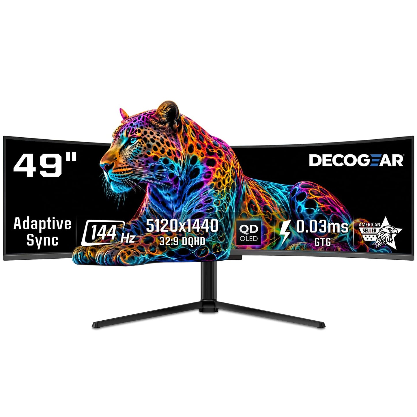Deco Gear OLED 49 Inch Curved Monitor, 5K2K 5120×1440 Ultrawide Dual QHD, 144HZ, 0.03ms, 32:9 HDR400, Adaptive Sync, R1800 Premium 100% sRGB 90W USB-C, Built-in Speakers Height Adjustable Stand