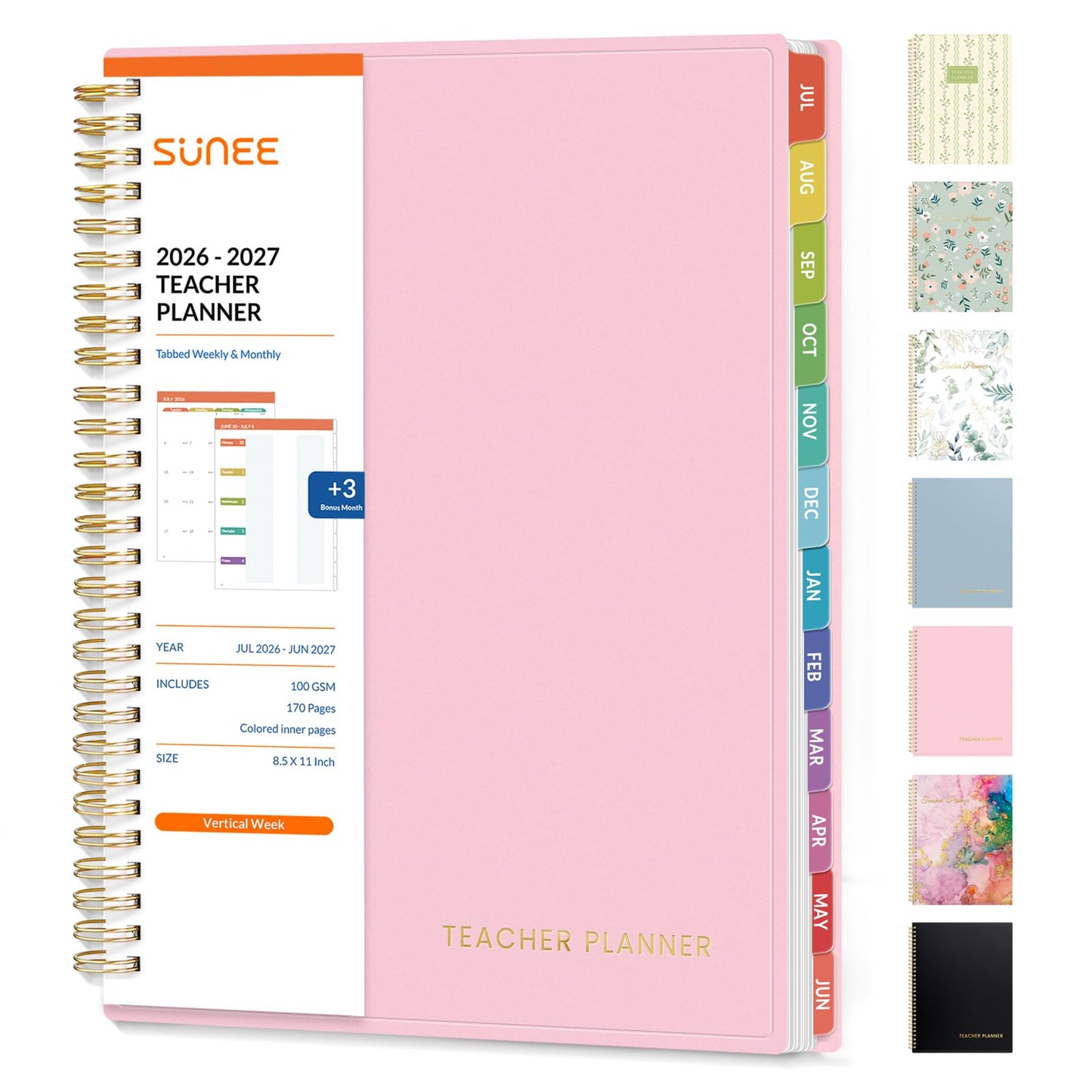 SUNEE Teacher Planner 2026-2027 Academic Year, Lite Lesson Planner Book with 7 Periods Jul 2026 - Jun 2027, 8.5"x11" Daily Weekly and Monthly Organizers, Plan Book with Pocket Folder, Color Tabs,Pink