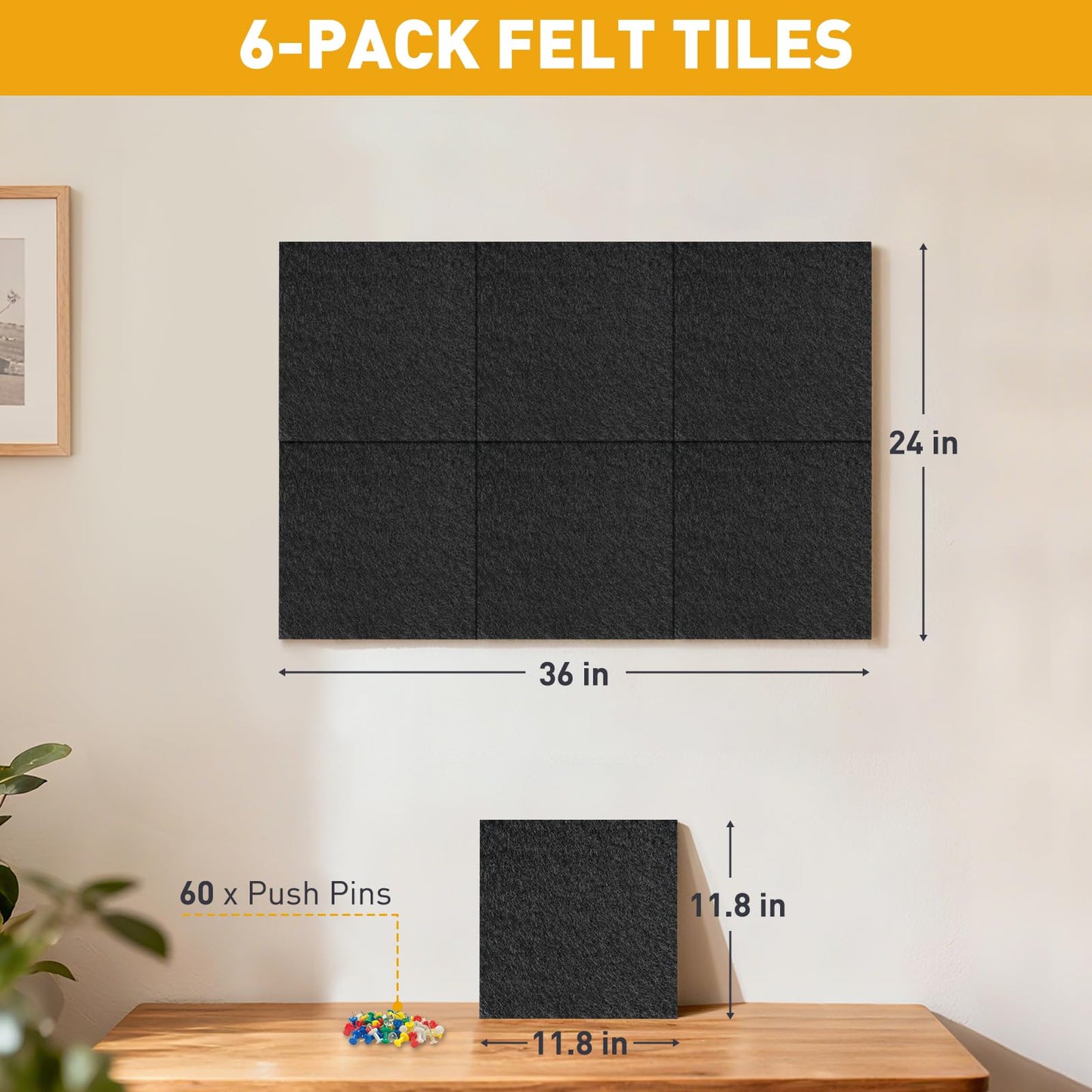 QUEENLINK 6-Pack Felt Bulletin Board Tiles 12"x12", Self-Adhesive Pin Board Wall Panels with 60 Push Pins, Modular Vision Board & Wall Organizer for Home Office Classroom, Black