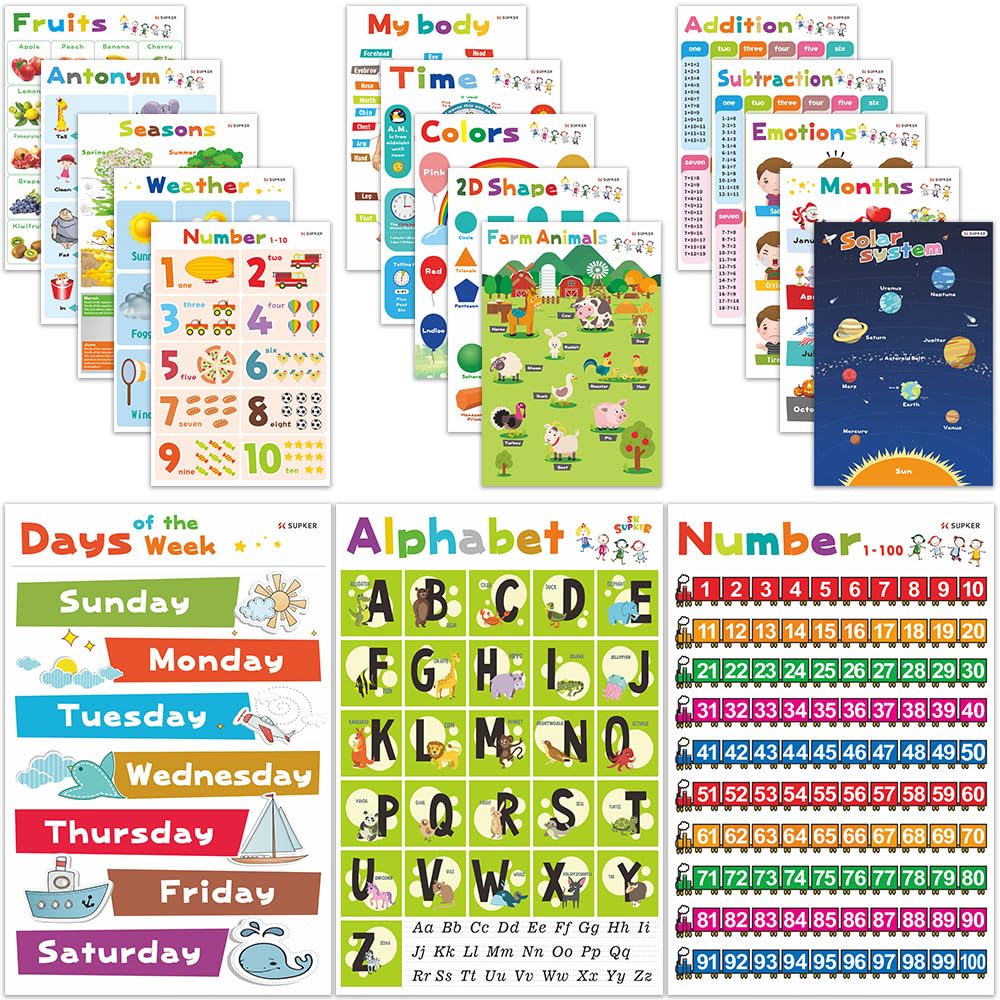 SK SUPKER 18 Toddlers Educational Learning Posters Classroom Wall Decorations Preschool Teaching for Baby Kids Teaching Numbers, ABC Alphabet Chart, Shapes, Days of The Week