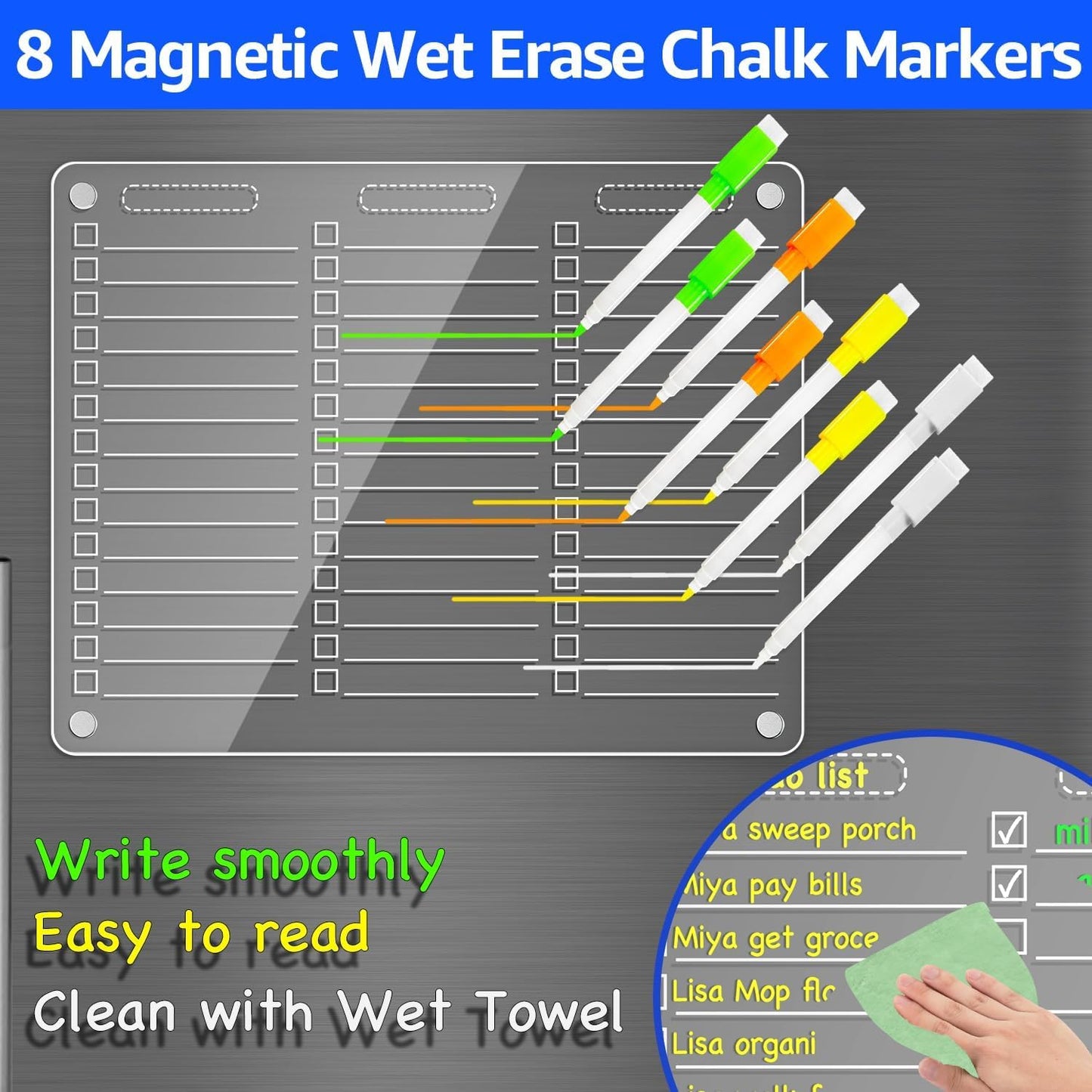 PigPotParty Acrylic Magnetic to Do List Whiteboard for Refrigerator, 12x9.5 Inch Clear Dry Erase Checklist Board, 3-Column Fridge List with Pre-Installed Embedded Magnet, 8 Markers and 1 Towel