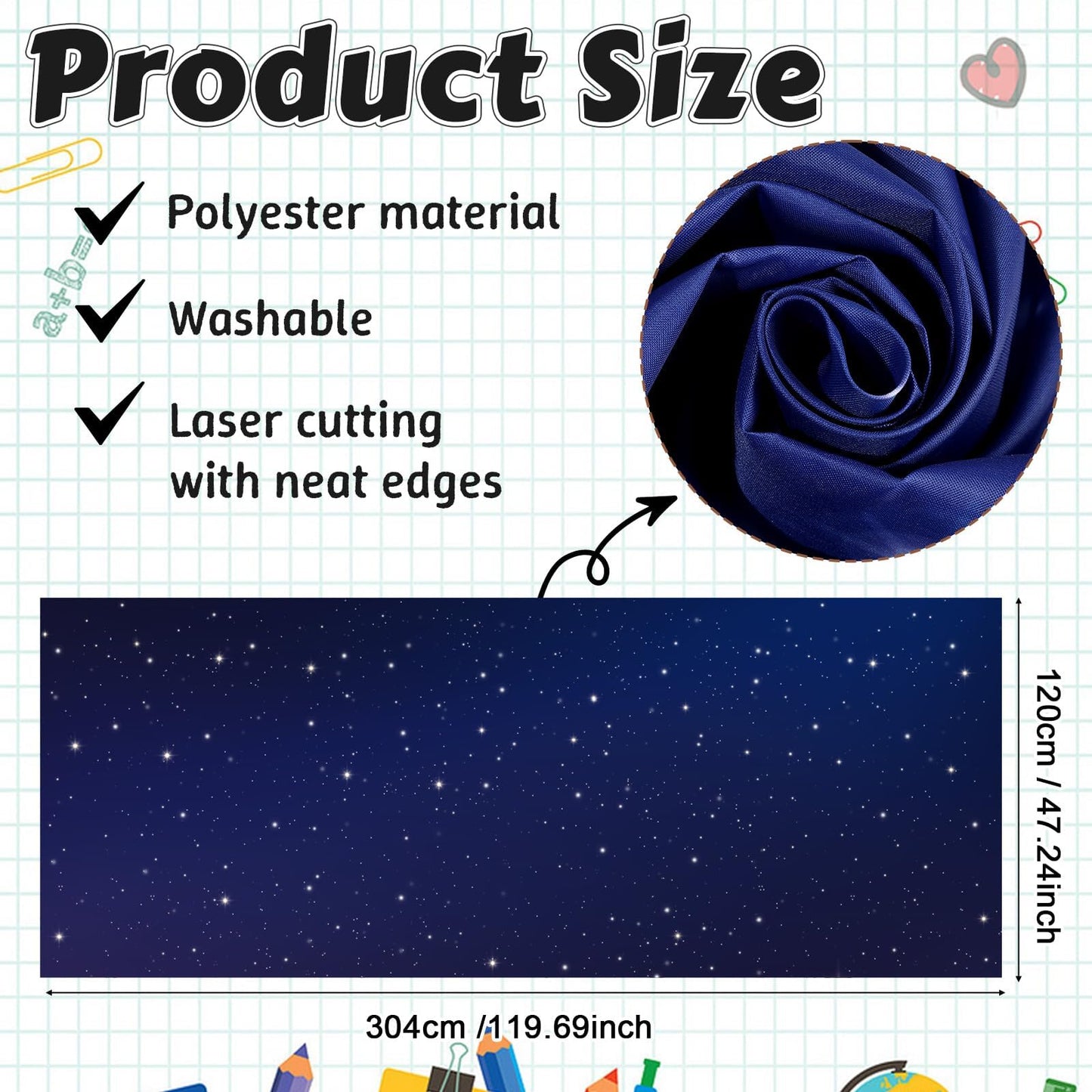 120x47 in Bulletin Board Fabric Background Back to School Classroom Decoration Large Polyester Photography Backdrop for Class Home Office Wall Decor Pillows Curtains Crafts Starry