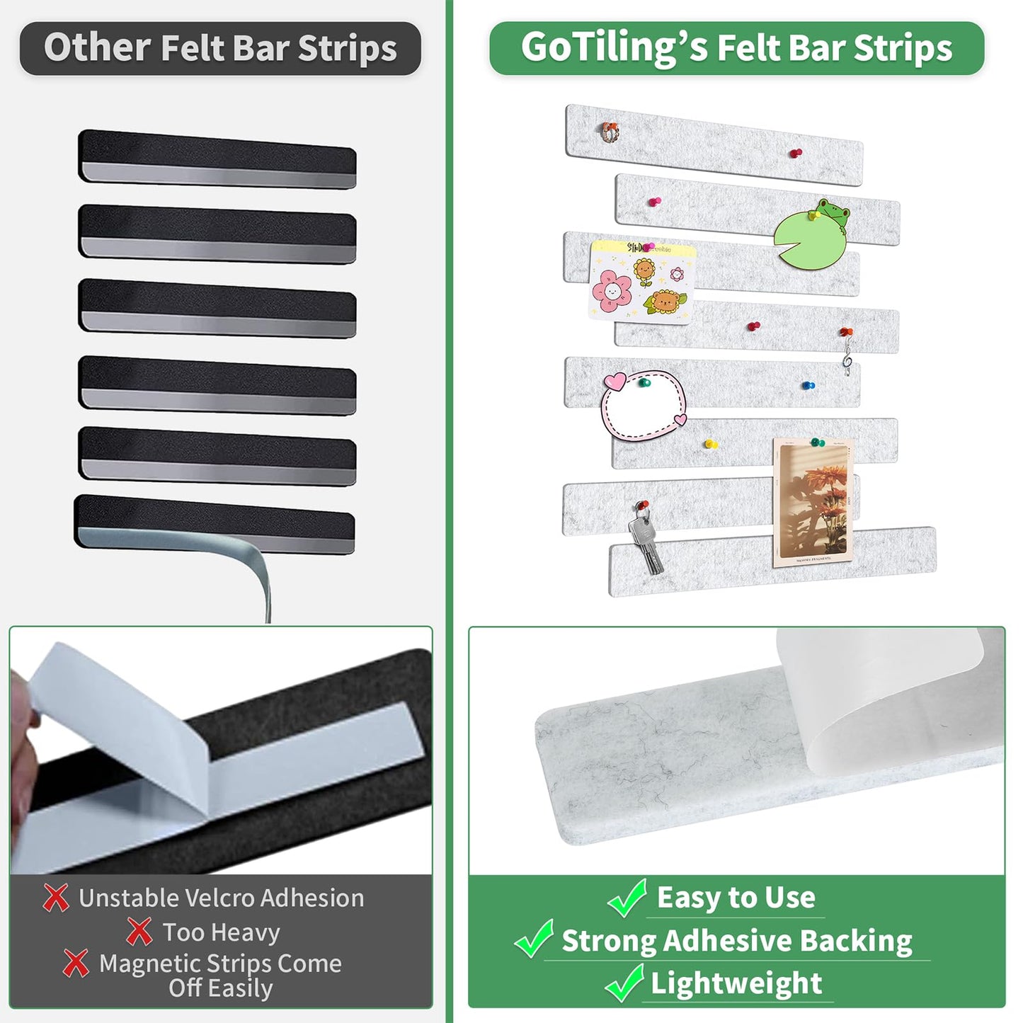 GoTiling Cork Board for Walls - 8 Pack Felt Pin Board Bar Strips - Self-Adhesive Lightweight Bulletin Board - Cork Board for Office with 40 Push Pins No Damage for Wall (Light Grey)
