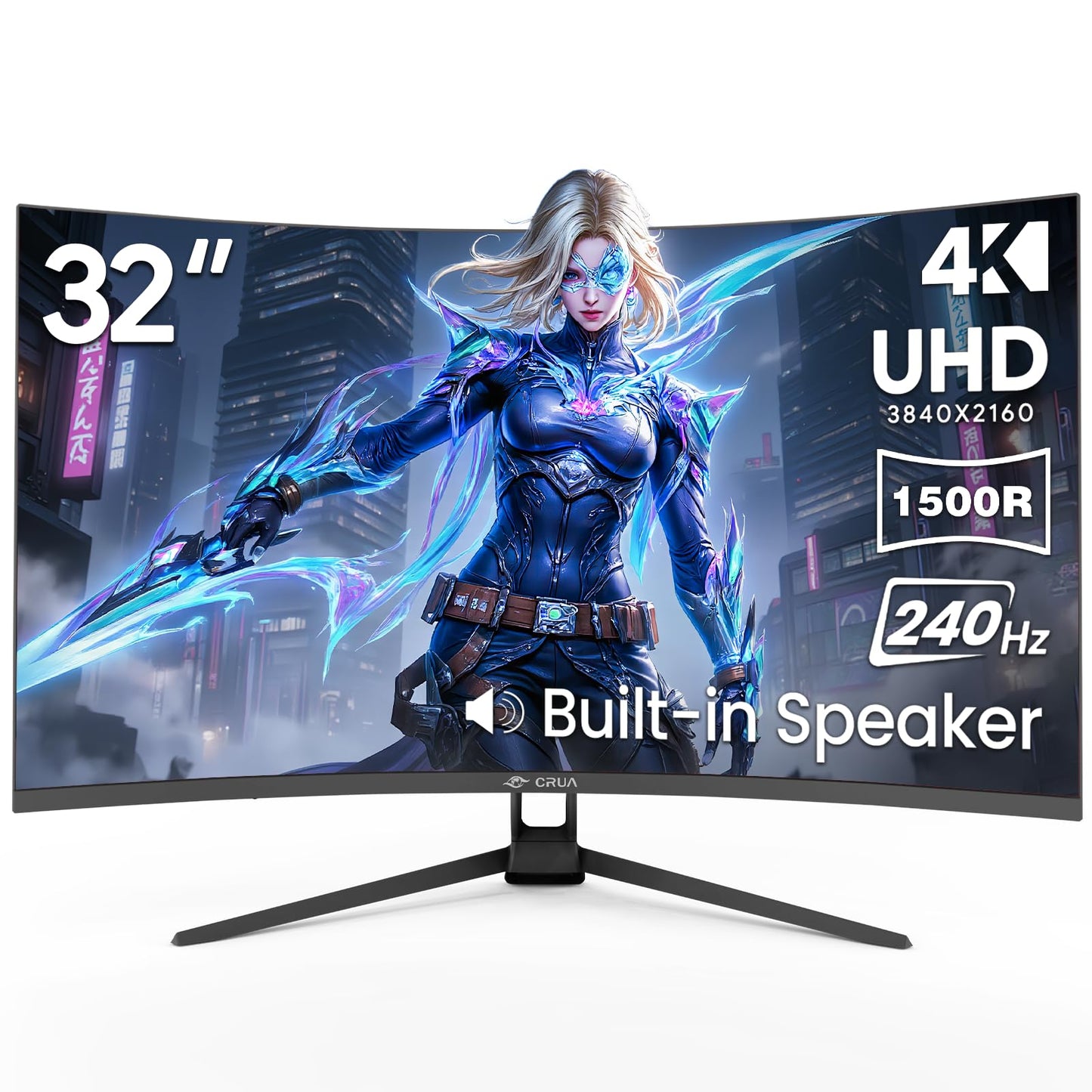 CRUA 32'' 4K Curved Gaming Monitor, UHD 3840x2160 240Hz VA Screen, 1500R, FreeSync, 120% sRGB, Built-in Speakers, PIP/PBP, DP 1.4 & HDMI 2.1, Tilt Adjustable/Wall Mountable-Black