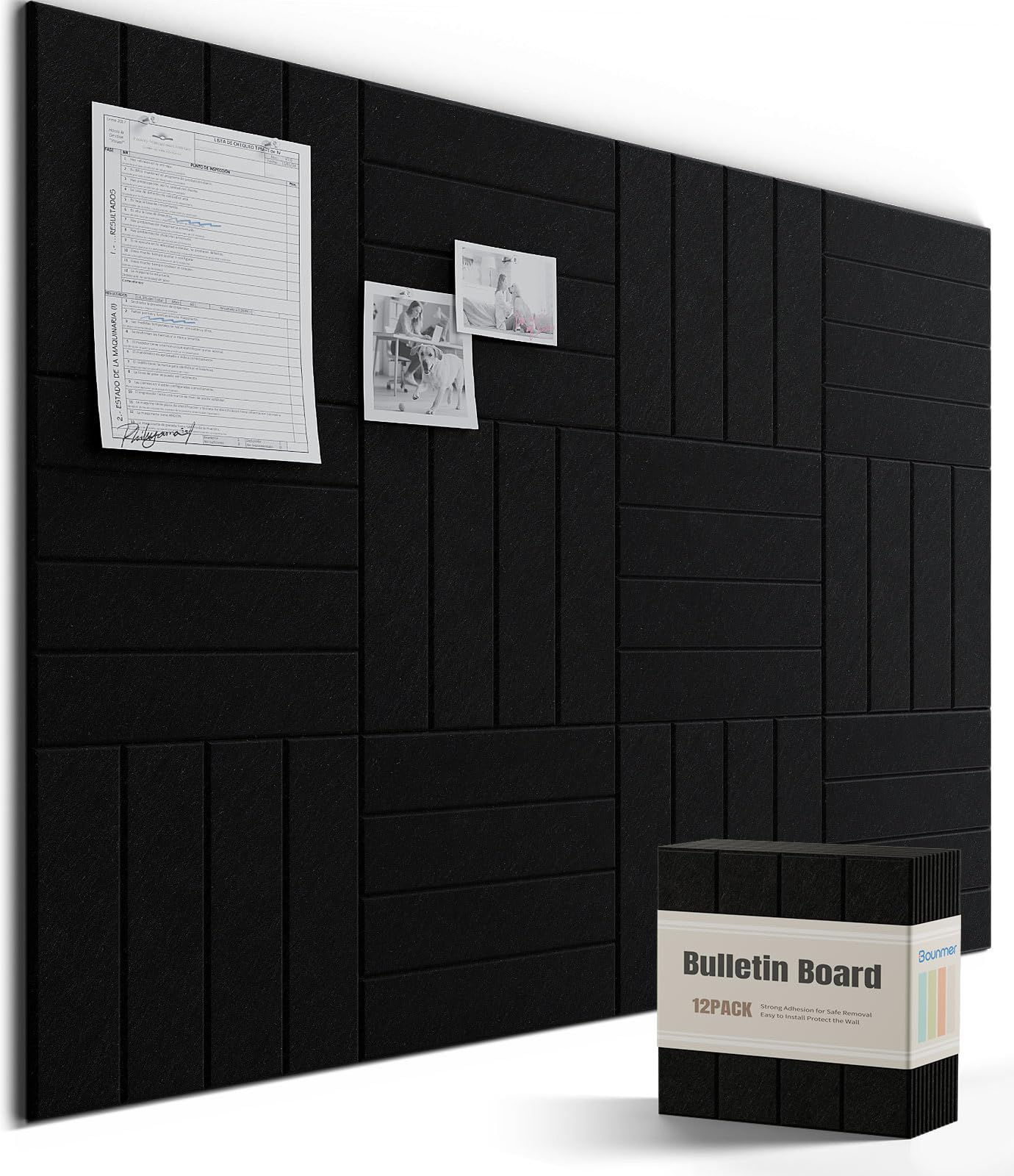 Bounmer Large Cork Board Alternative 48“ x 36”, 12-Pack Felt Bulletin Board Tiles with 60 Safe Removable Adhesive Tabs & 30 Pushpins, Cork Boards for Office Walls Decor (Black)
