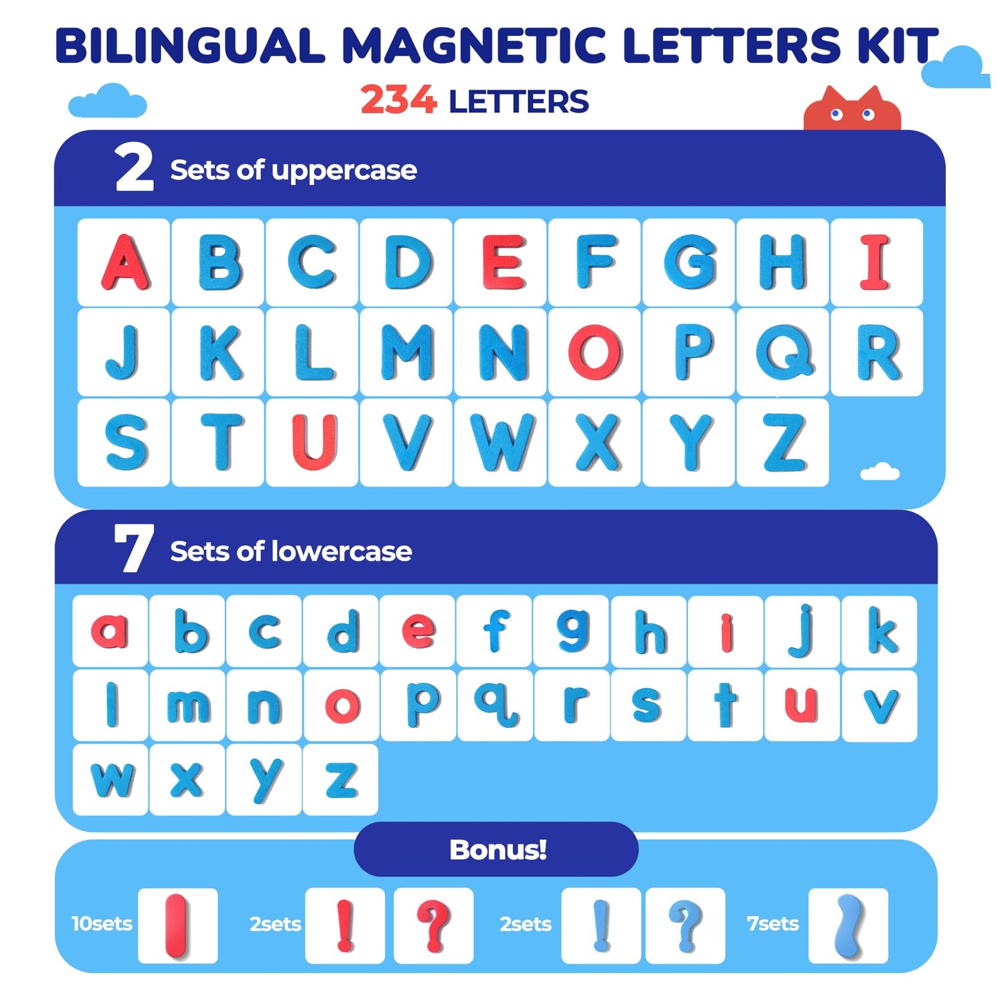 JoyCat Bilingual Magnetic Letters Kit 255 Pcs – Spanish & English Foam Alphabet Set with Double-Side Magnet Board, ABC Learning for Kids Spelling, Phonics & Language Practice