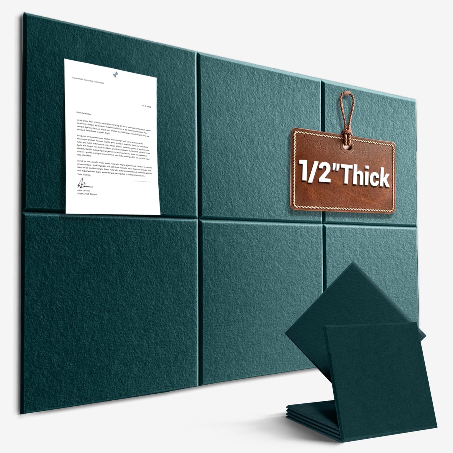 Large Cork Board for Office Wall Decor, 36"x24"- 6 Pack Felt Wall Tiles with Safe Removable Adhesive Tabs, 1/2" Thick, Felt Bulletin Board Pin Board Cork Boards for Walls - Dark Green