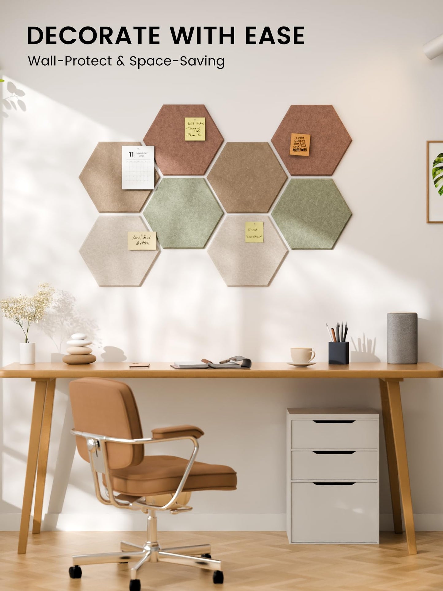 Fluxynara Hexagon Cork Board Alternative for Walls Decor-8-Pack Felt Bulletin Board Tiles,with 30 Pushpins,50 Adhesive Tabs for Office,Classrooms & Home Pin Board Felt Board-Boho