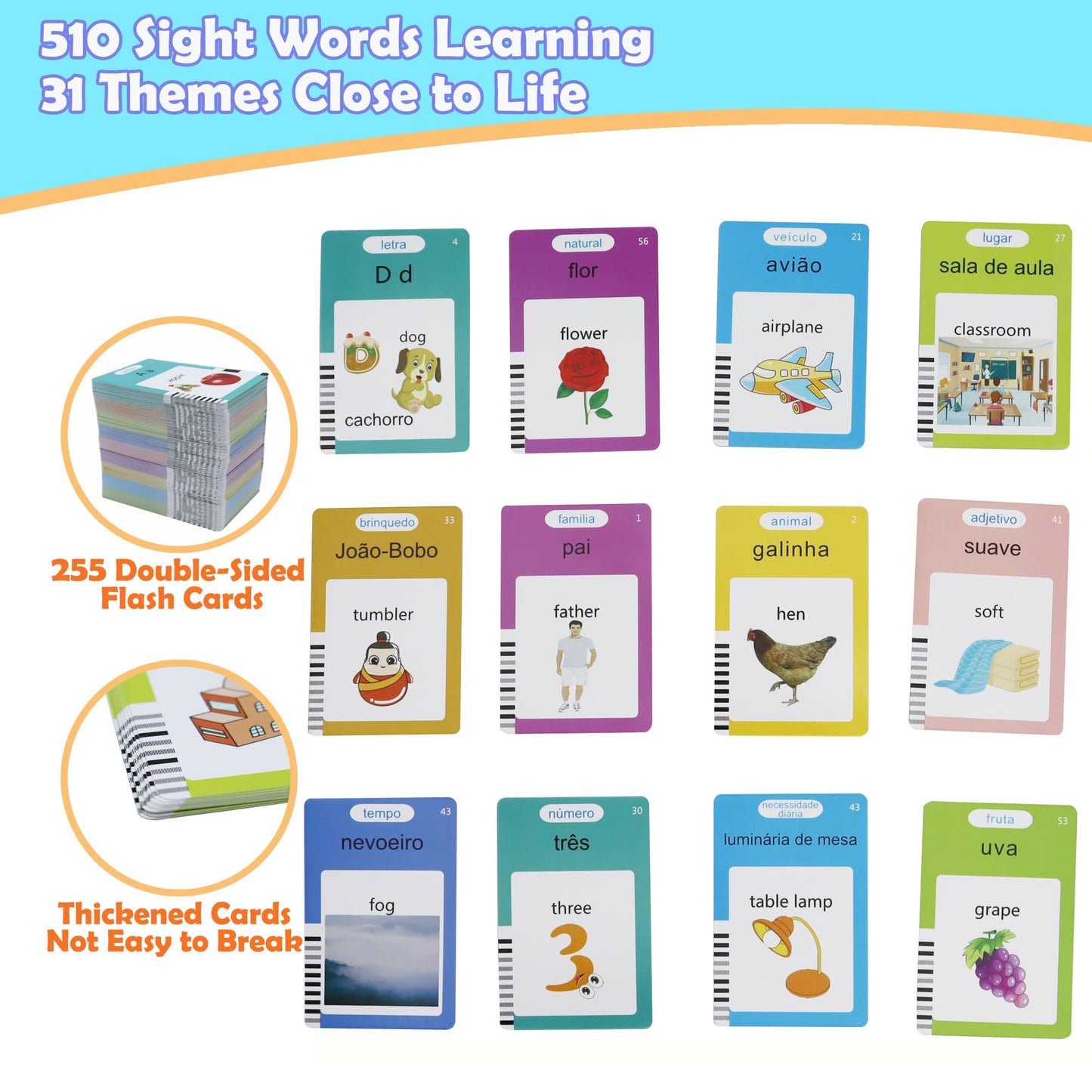 MAYAPHILOS 510 Sight Words Brazilian Portuguese and English Talking Flash Cards, Learn for Kids Language Learning Speech Therapy Toys for Toddlers