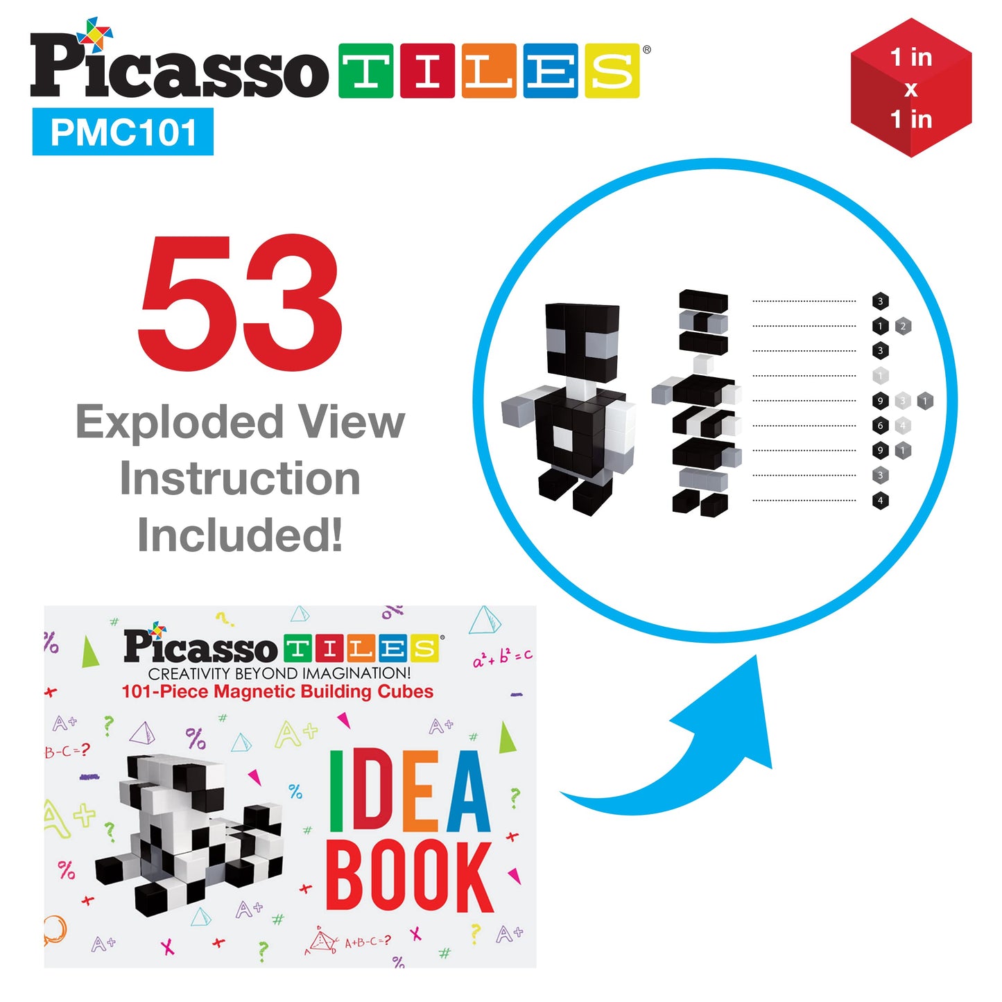 PicassoTiles 101pc Magnetic Puzzle Cube Set Black and White 1 Inch Construction Blocks STEM Educational Toy for Kids Age 3 Plus Sensory Learning Kit with Idea Book for Building and Creativity PMC101