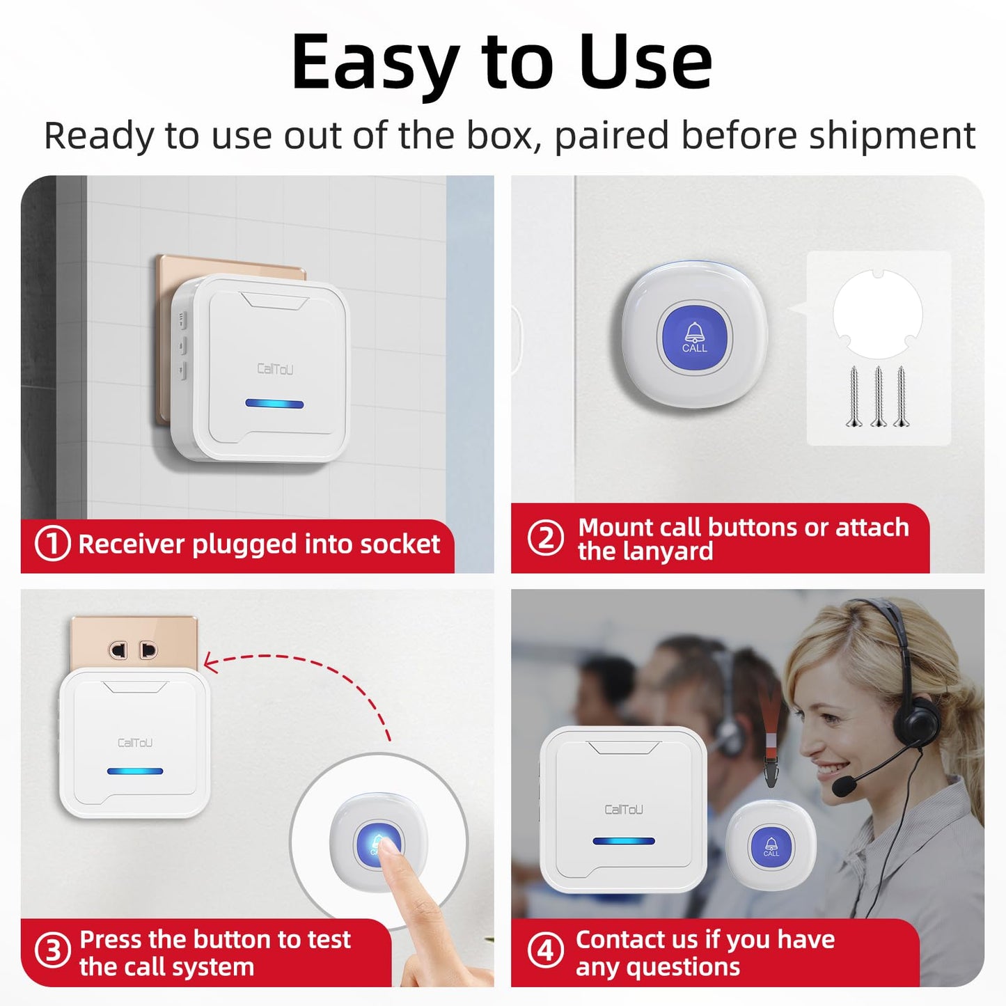 CallToU Wireless Caregiver Pager System, 500+ ft Range, Plug-in Receiver & Waterproof Call Button, Nurse Alert Emergency Call Button for Elderly, Home & Patient Care, Expandable Assist Call System