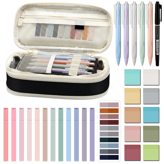 Jutom 39 Pcs Aesthetic Book Annotation Kit Highlighter with Case Bag Gel Pen Transparent Sticky Note Taking Bible Supplies(Black,Cute Style)