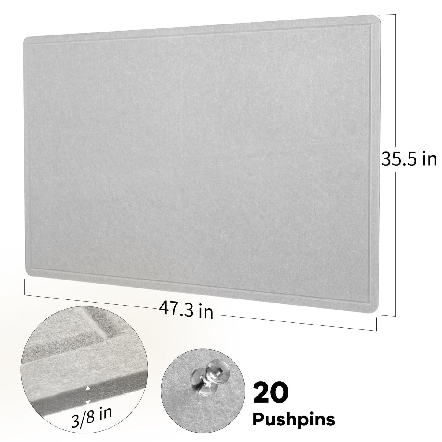 Lightomorrow Large Bulletin Board - 48 x 36 Inches, Decorative Felt Pin Board for Wall - 4' x 3' Foldable Photo Display Board with Self-Adhesive Tape, Includes 20 Push Pins - Light Gray