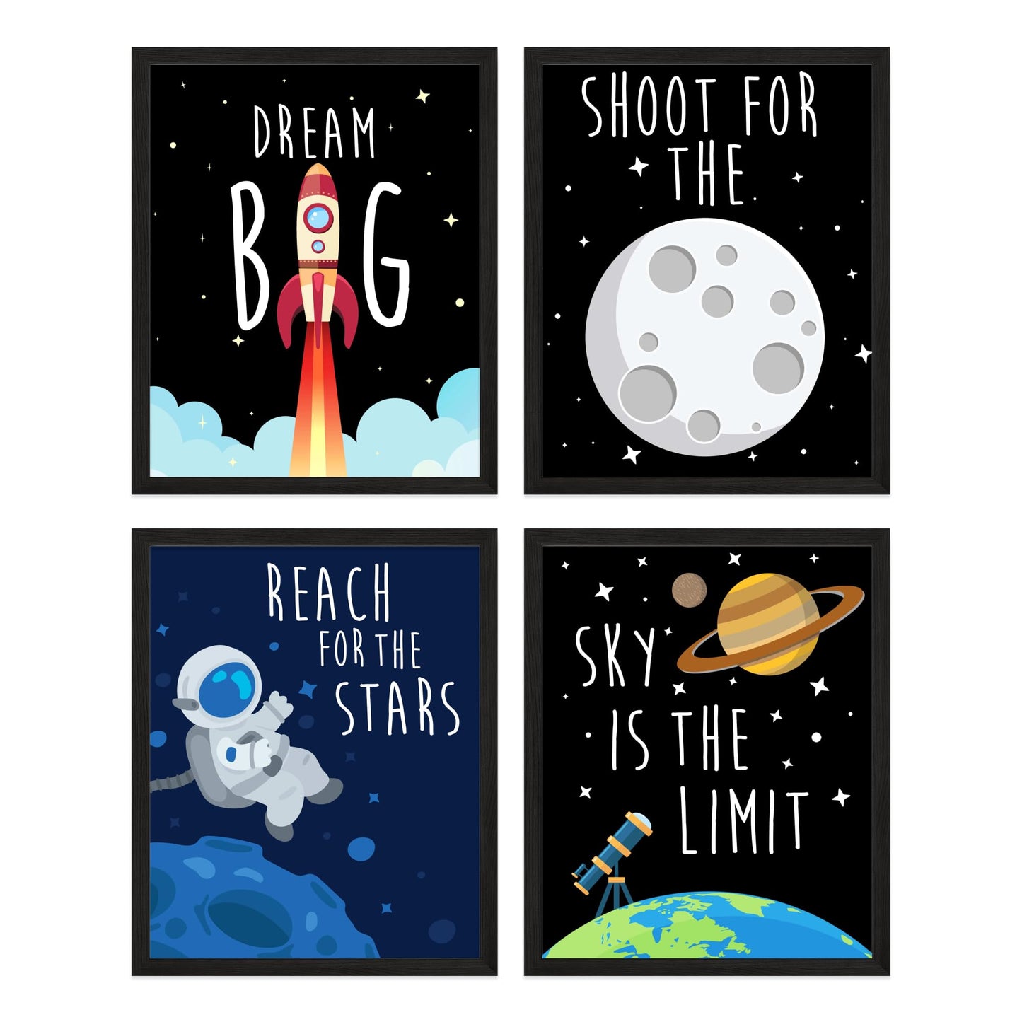 TnT Prints Space Wall Art for Kids, Solar System Posters for children, Posters for Boys or Girls Room - Unframed Set of 4 (8x10)