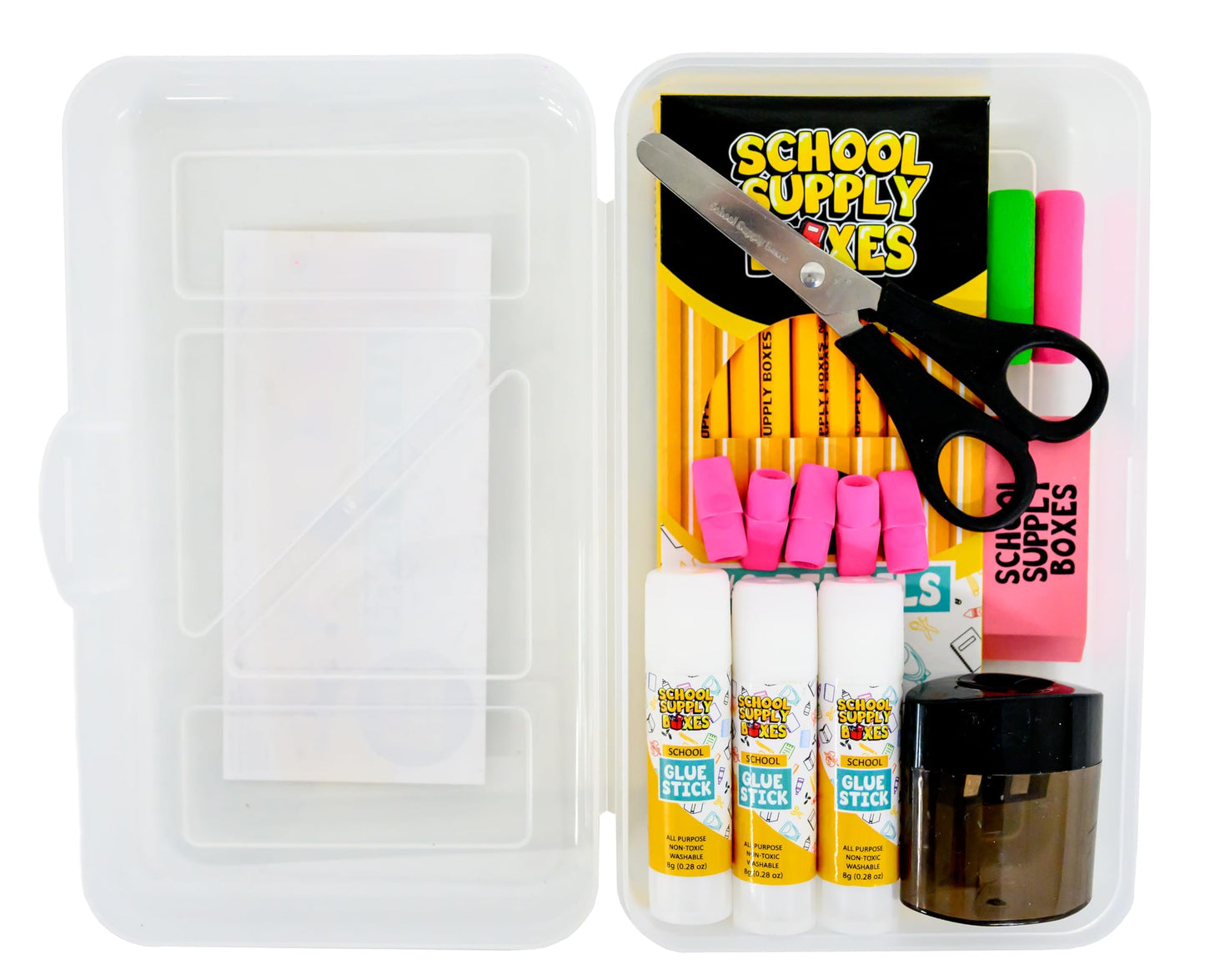 Back to School Supply Box Grades K-5 - School Supply Boxes - 32 Piece School Supplies Kit Includes Markers, Crayons, Pencils, Scissors, Folders, Glue Sticks, Notebook, and Composition Book