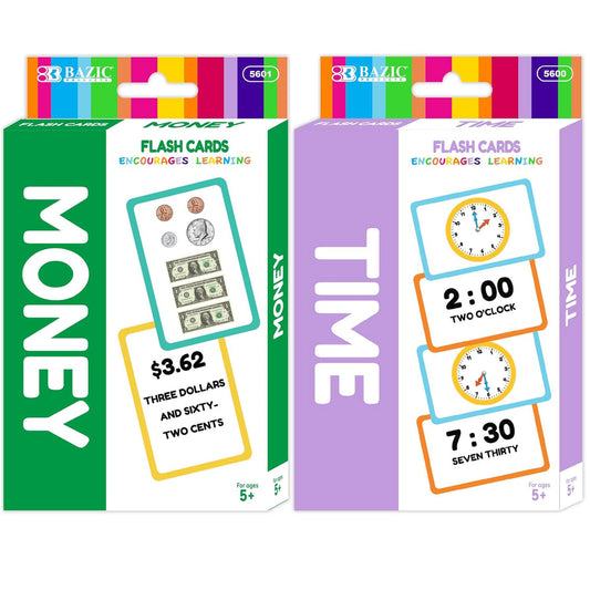 Addition and Subtraction Flash Cards Set for Parents, Educators, Self Study Math Learning Educational Cards - 35 Cards + 1 Instruction Card per Set - 2 Sets (Time & Money)