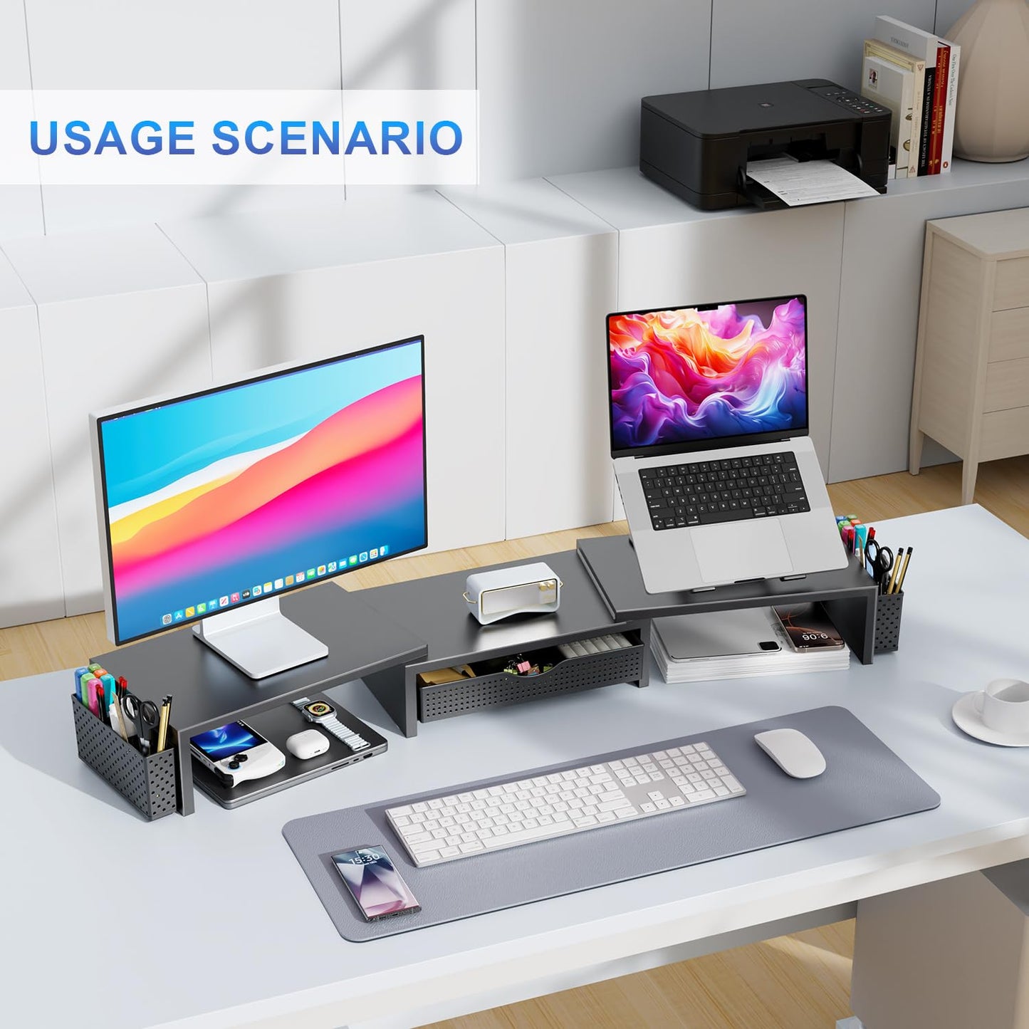 gianotter Dual Monitor Stand Riser, Desk Organizer With Drawer and 2 Pen Holders, Computer Monitor Stand, Desk Shelf for Top of Desk (Black)