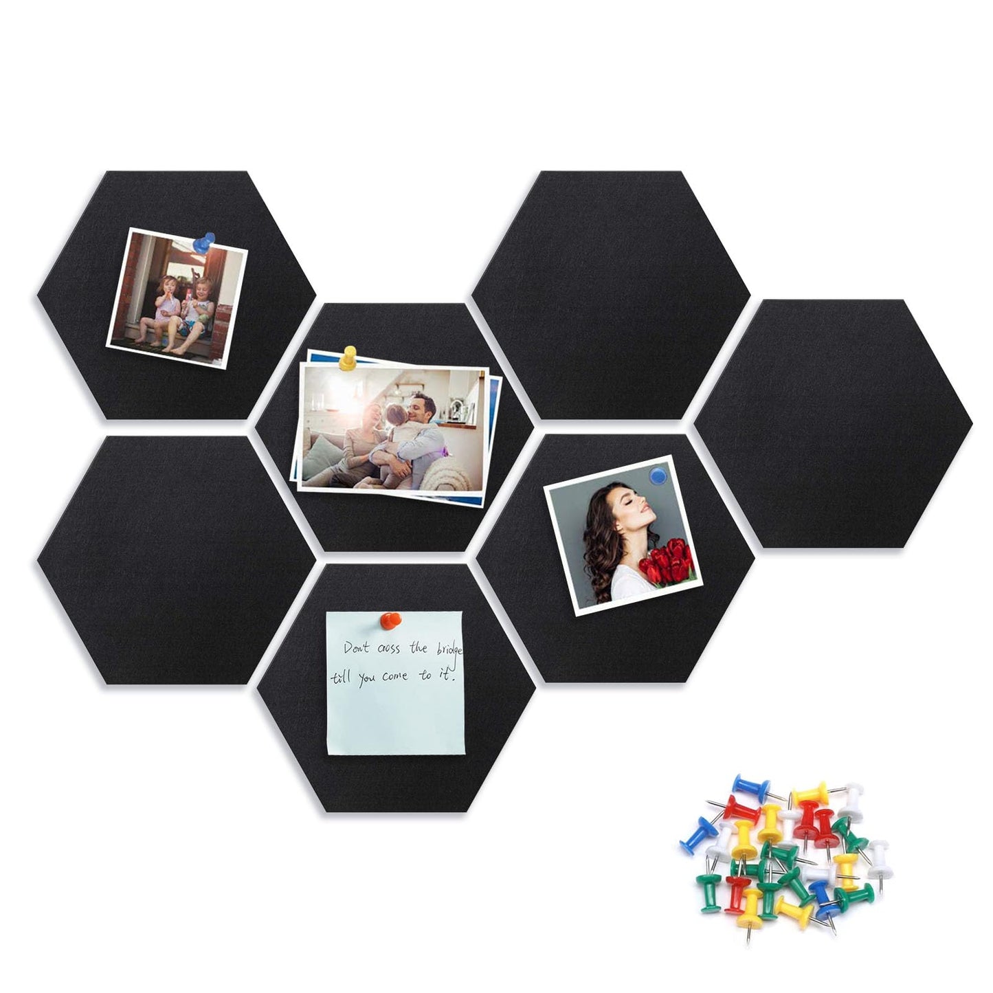 8 Packs White Hexagon Felt Pin Board, 12" Bulletin Board with 30 Push Pins, Felt Board for Home Kitchen Office Decor, Self-Adhesive Corkboard Tiles for Walls School Message Photos Memos