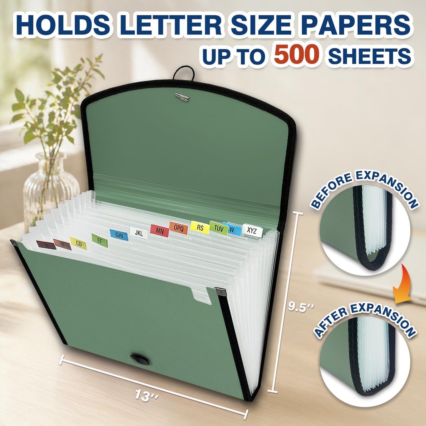 H4D 13-Pocket Accordion File Organizer with Mesh Pocket, Expanding File Folder with Tabs, Expandable Document Organizer for Home Office School, Letter Size, Sage