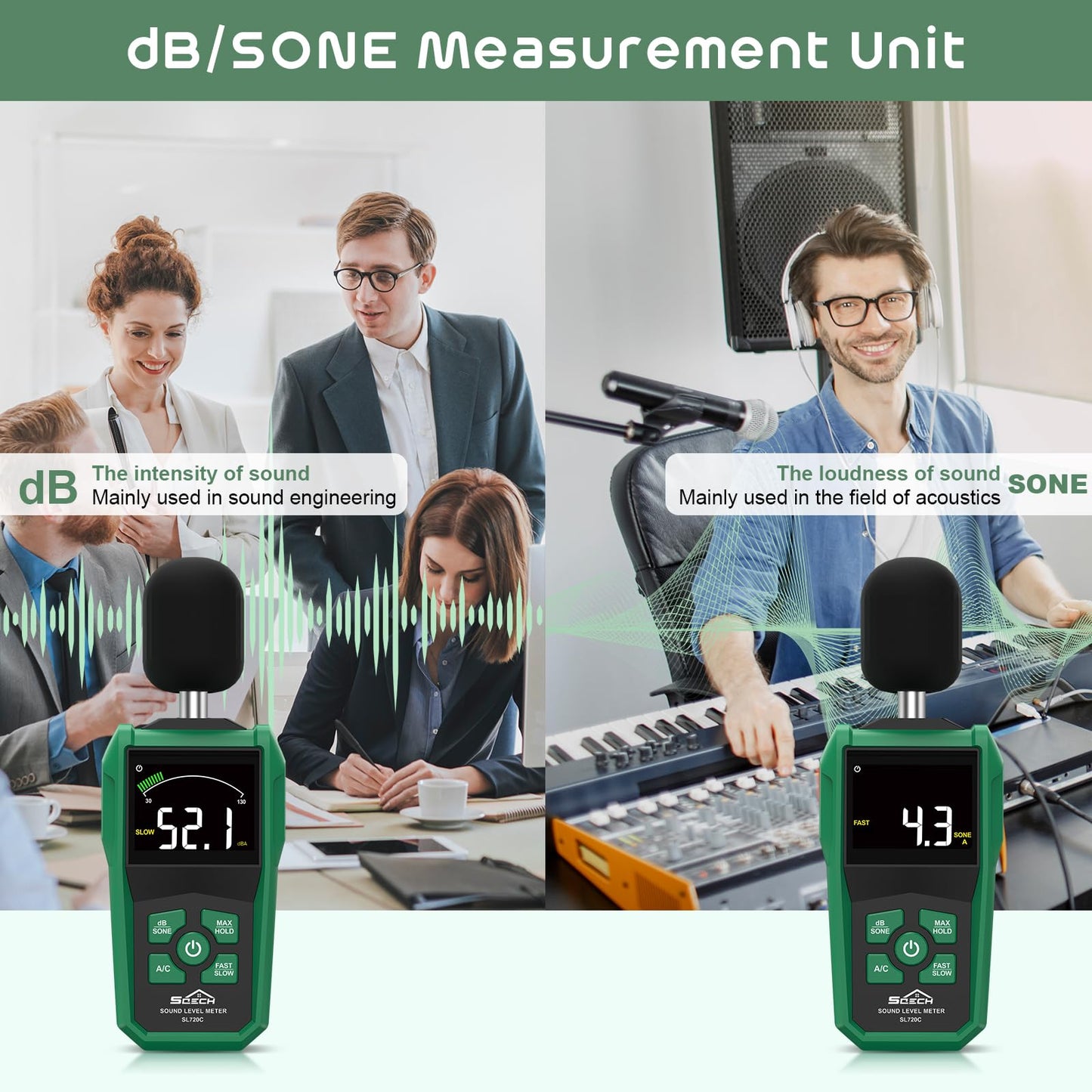 SQECH Decibel Meter, Digital Sound Level Meter with LCD Color Screen,Portable SPL Meter Range 30-130dB with A/C Weighted,MAX/MIN,Data Hold,dB/SONE Unit,FAST/SLOW Response,for Home/Office/Factories
