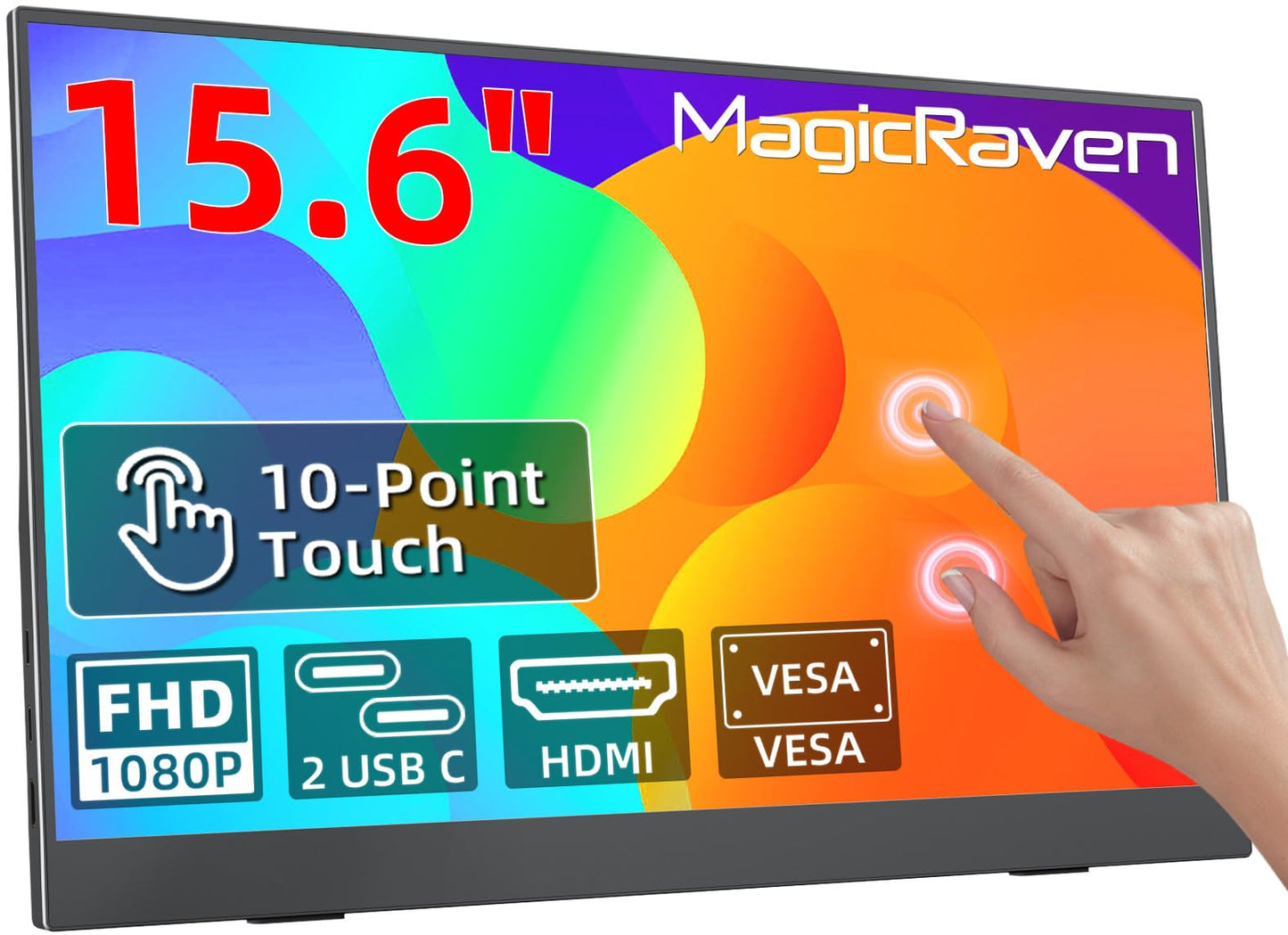 MAGICRVEN Touchscreen Portable Monitor 1080P IPS 15.6'' Touch Screen Monitor for Laptop Touch Screen Extender, USB-C HDMI External Travel Monitor Touch Display with 2-Speaker VESA for Mac PC Phone PS5