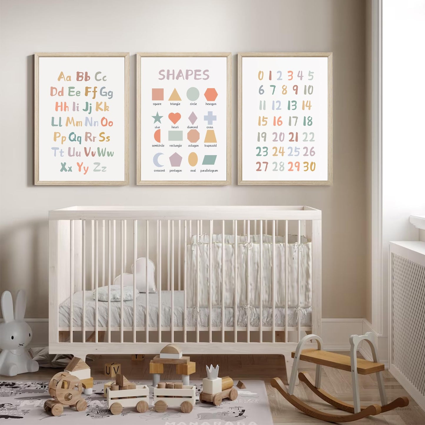 Kids Playroom Wall Art Decor Nursery ABC Alphabet Poster Play Room Canvas Wall Decor Toddler Childrens Educational Artwork Numbers Shapes Prints ABC Picture for Playroom 12x16 Inch Framed Set of 3