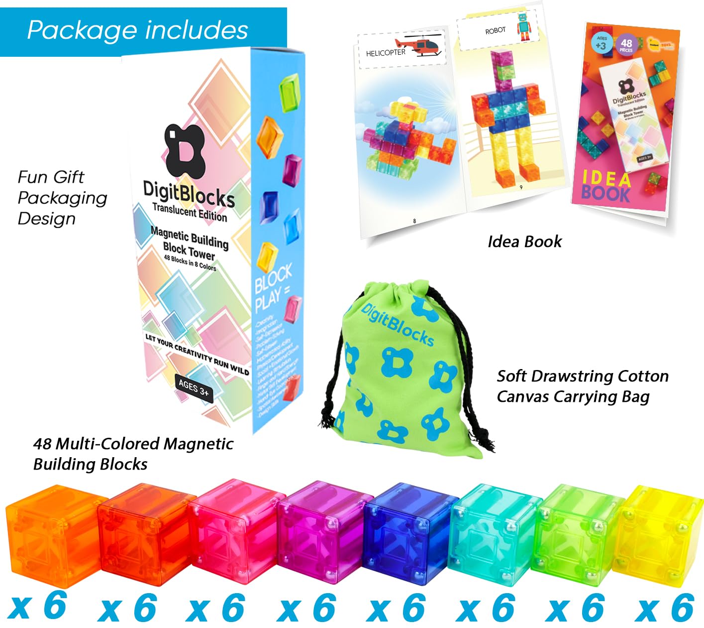 BrainSpark 48PCS Translucent Mulit-Color DigitBlocks Magnetic Building Blocks, Montessori Clear Magnet Cubes for Boys Girls Stacking Block Sets Ages 3-9