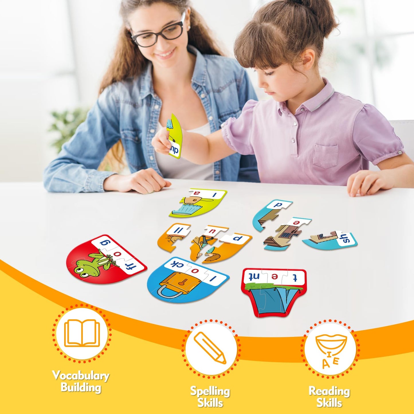 Kasfalci CVCC & CCVC Puzzle Cards for Kids - Word & Phonics Games, Speech Therapy Toys for Toddlers, 4 Alphabet Letter Word Puzzles, Learning Spelling Games