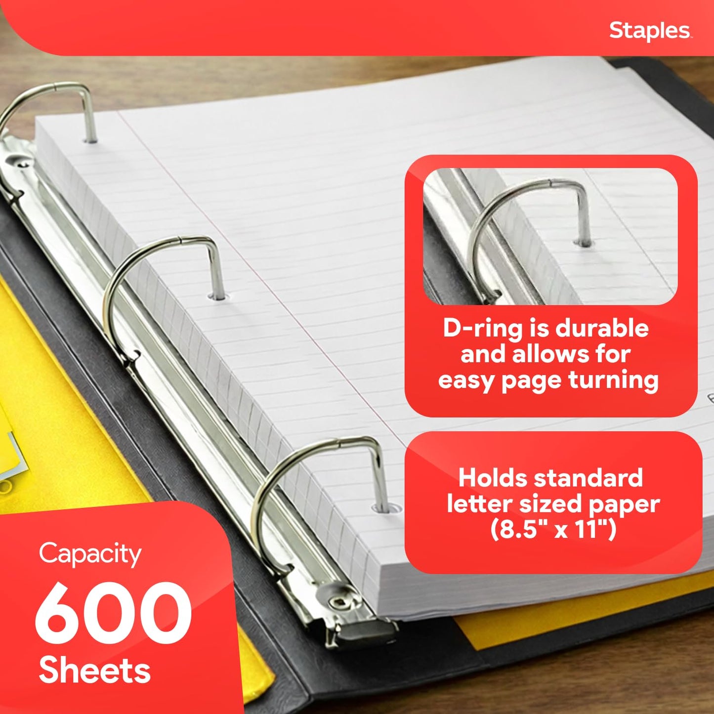Staples Heavy-Duty 3-Inch D-Ring Binder, Yellow – Large Capacity 3-Ring Binder, Holds Up to 600 Sheets for School & Office