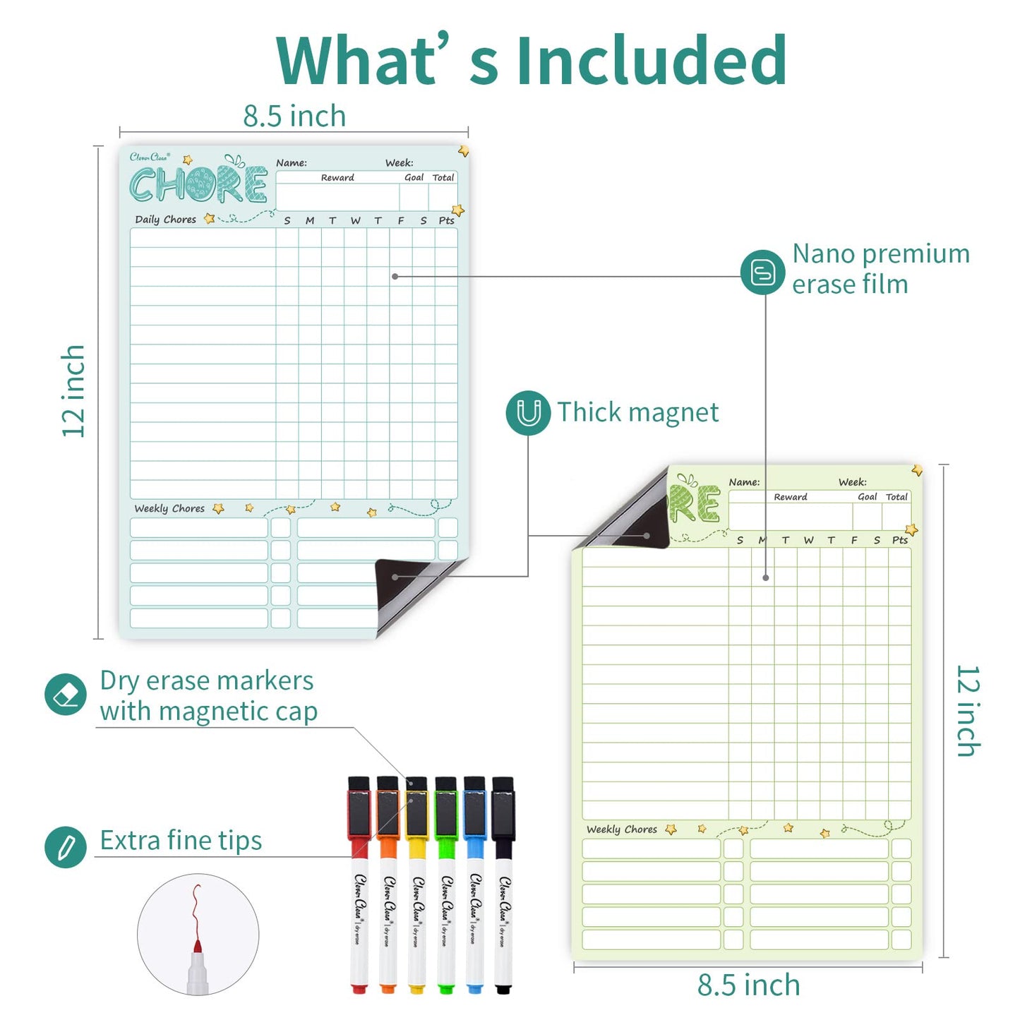 Magnetic Dry Erase Chore Chart - 8.5"x12" Behavior Responsibility Chore Board for Kids, Teenagers - 6 Extra Fine Point Markers Included - Shipped Flat 2 Pcs Blue & Green