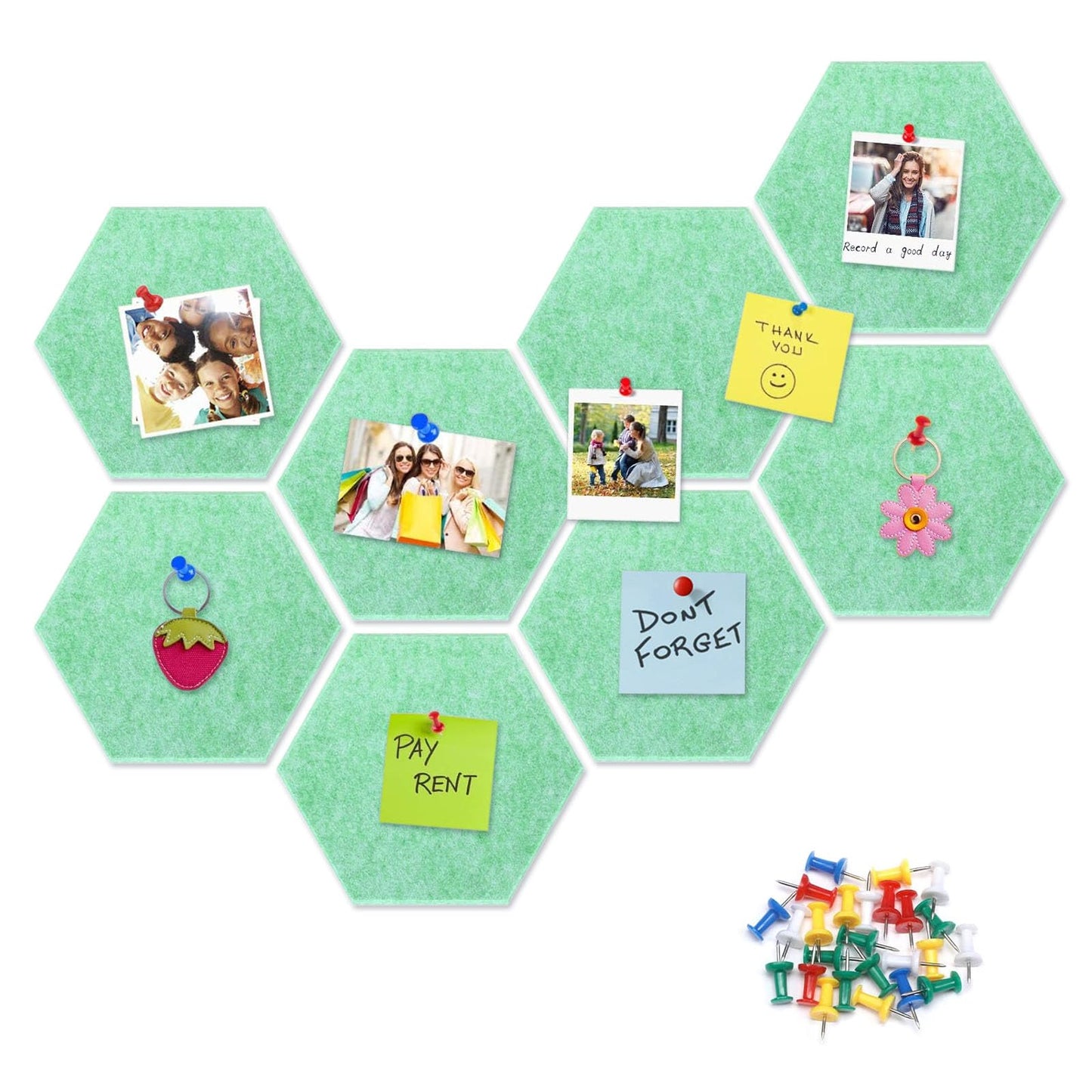 8 Packs Light Green Hexagon Felt Pin Board, 12" Bulletin Board with 30 Push Pins, Felt Board for Home Kitchen Office Decor, Self-Adhesive Corkboard Tiles for Walls Message Photos Memos Display