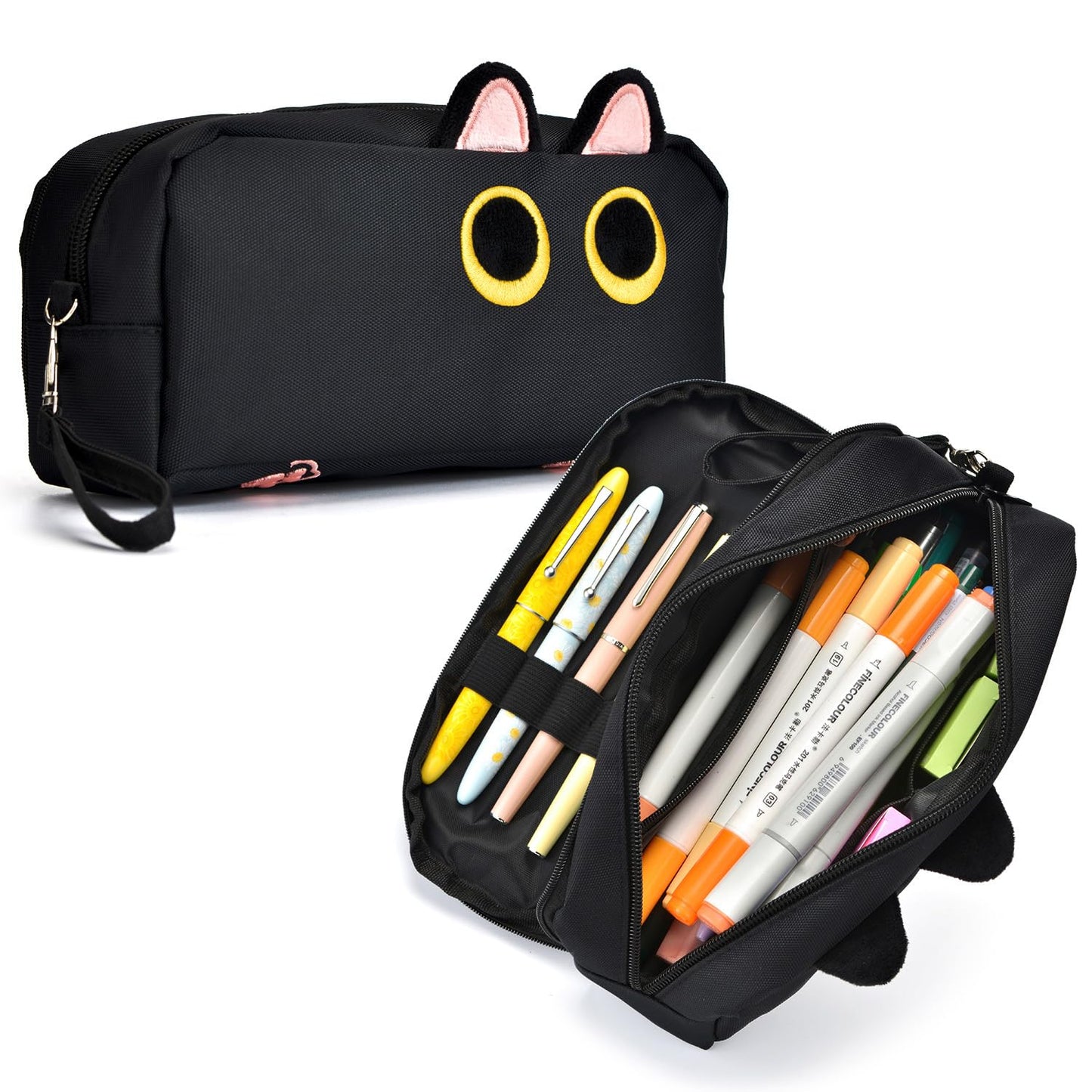 Lanxivi Hongdian Large Capacity Pencil Case Black Color, 3D Cat Pen Bags Pencil Pouch Organizer for Office College School