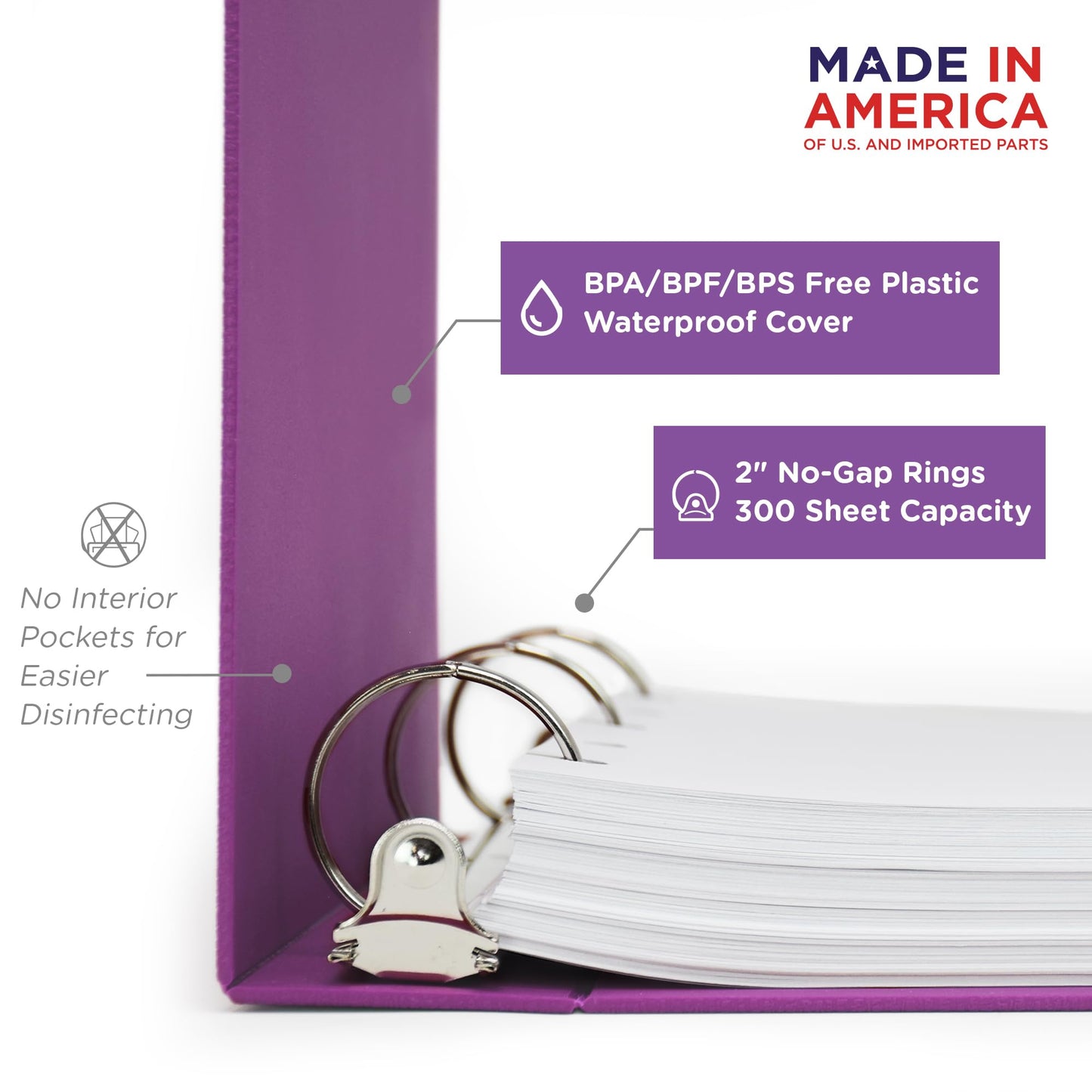 Carstens 2-Inch Heavy Duty 3-Ring Binder - Side Opening, Dewberry Purple, Durable Plastic, Precision No-Gap Rings, Waterproof Cover, No Pockets, Holds 300 Letter Sheets, BPA-Free Made in USA (2841-3R)