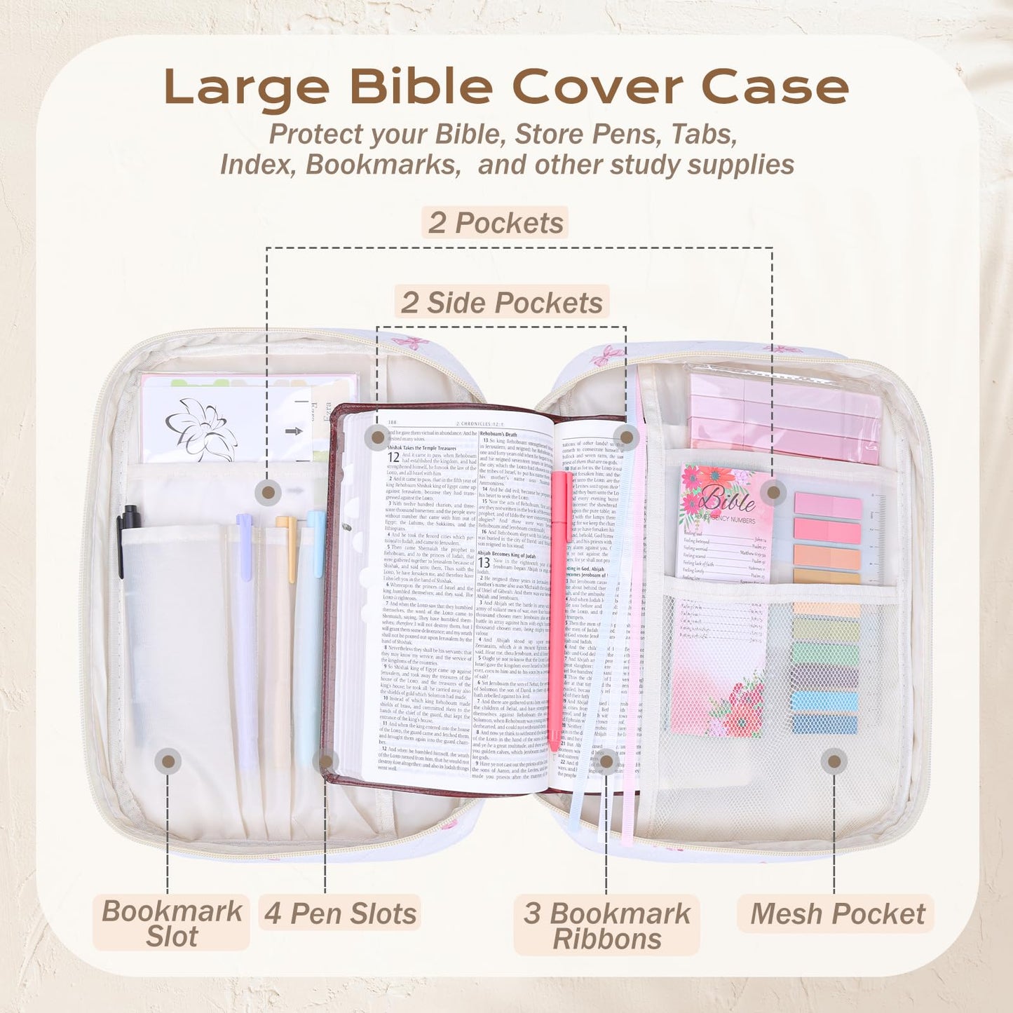 XKDOUS Bible Cover for Women Quilted Bible Bag Church Book Carrying Case with Letter M, Handle, Study Supplies Organizer Portable Church Book Carrier Christian Gifts for Mom, Lady
