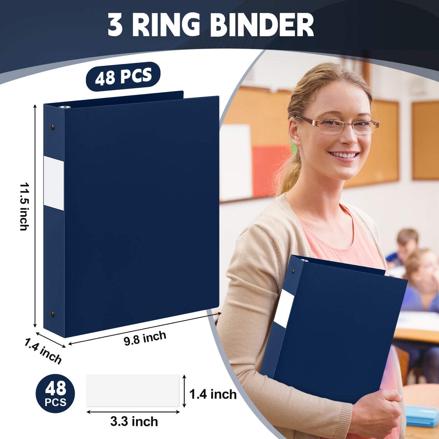 Henoyso 48 Pack 1 Inch 3 Ring Plastic Binders, Bulk Flexible PP Binders for Classroom & School Supplies, Letter Size 8.5 x 11, Holds 240 Sheets with Interior Pocket (Navy Blue)